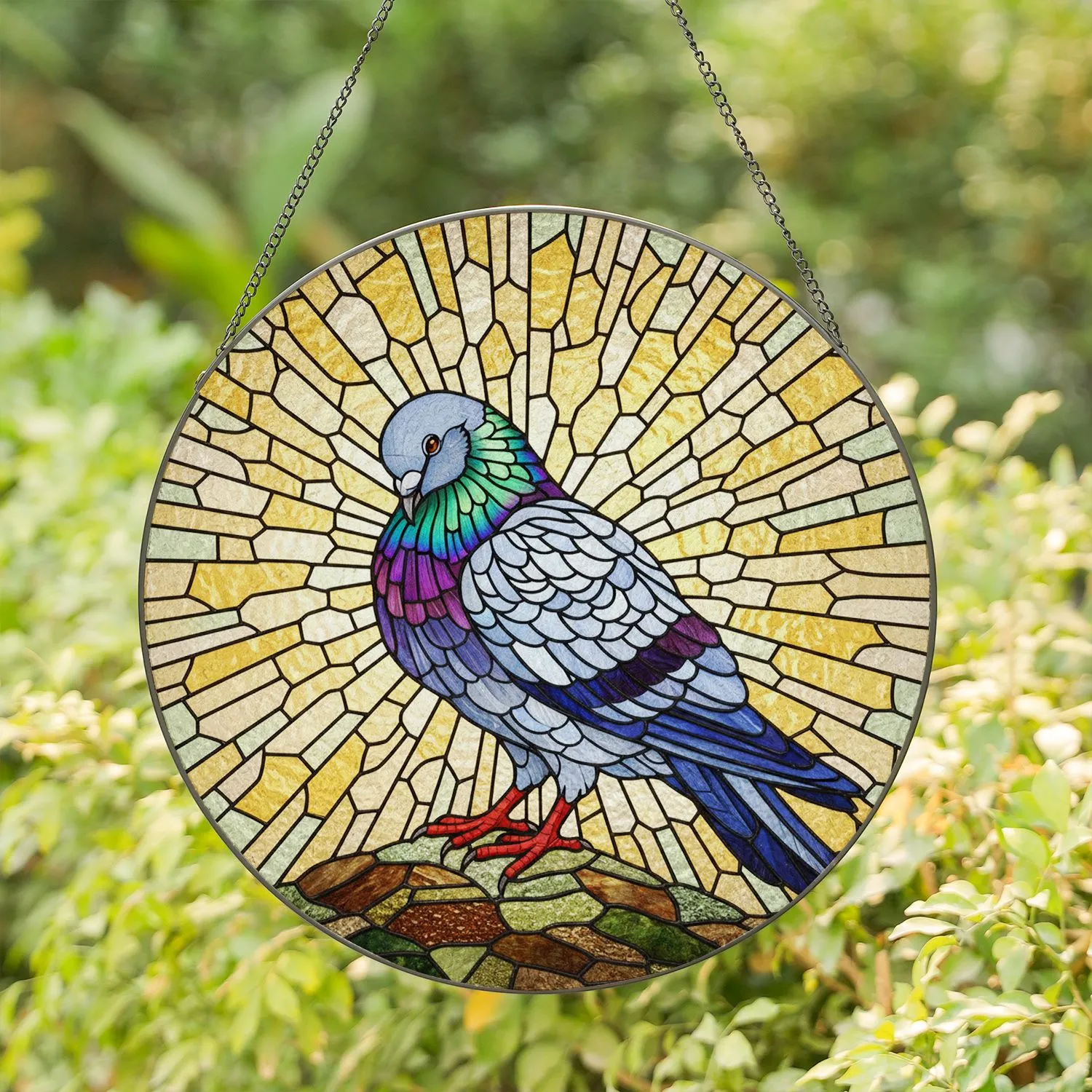Tiffany Style Stained Glass Pigeon - Iridescent Jewel Tone Mosaic Bird Art Decoration Stained Glass Suncatcher - 1