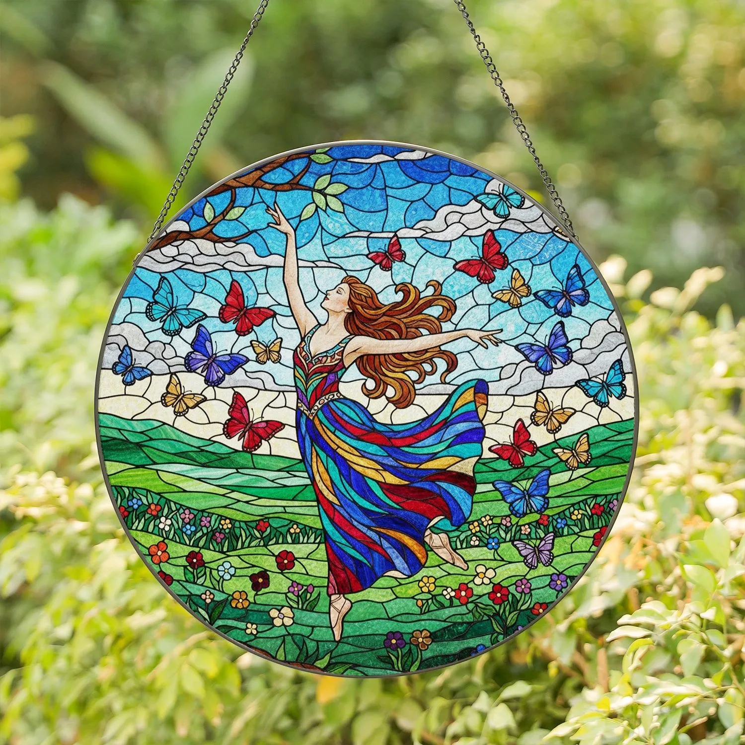 Female Dancer Butterfly Mid-Leap Stained Glass Jewel Tone Mosaic Landscape Intricate Stained Glass Suncatcher - 1