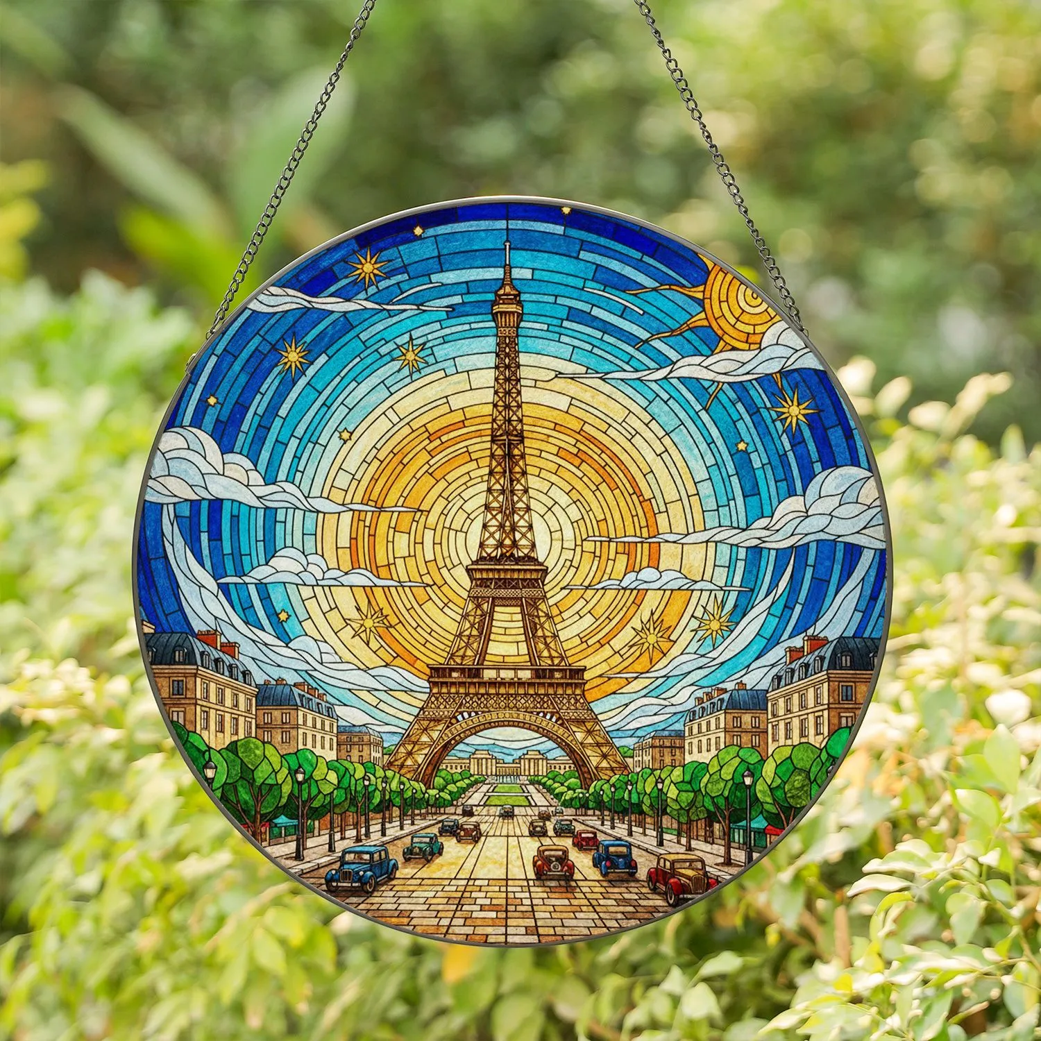 Eiffel Tower Parisian Cityscape Stained Glass - Glowing Tiffany Style Jewel Tones Decor Stained Glass Suncatcher - 1