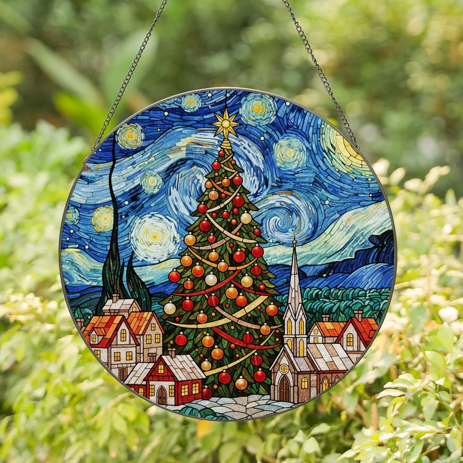 Christmas Tree Baubles Village Church Starry Night Jewel Tones - Festive Home Holiday Decor Stained Glass Suncatcher - 1