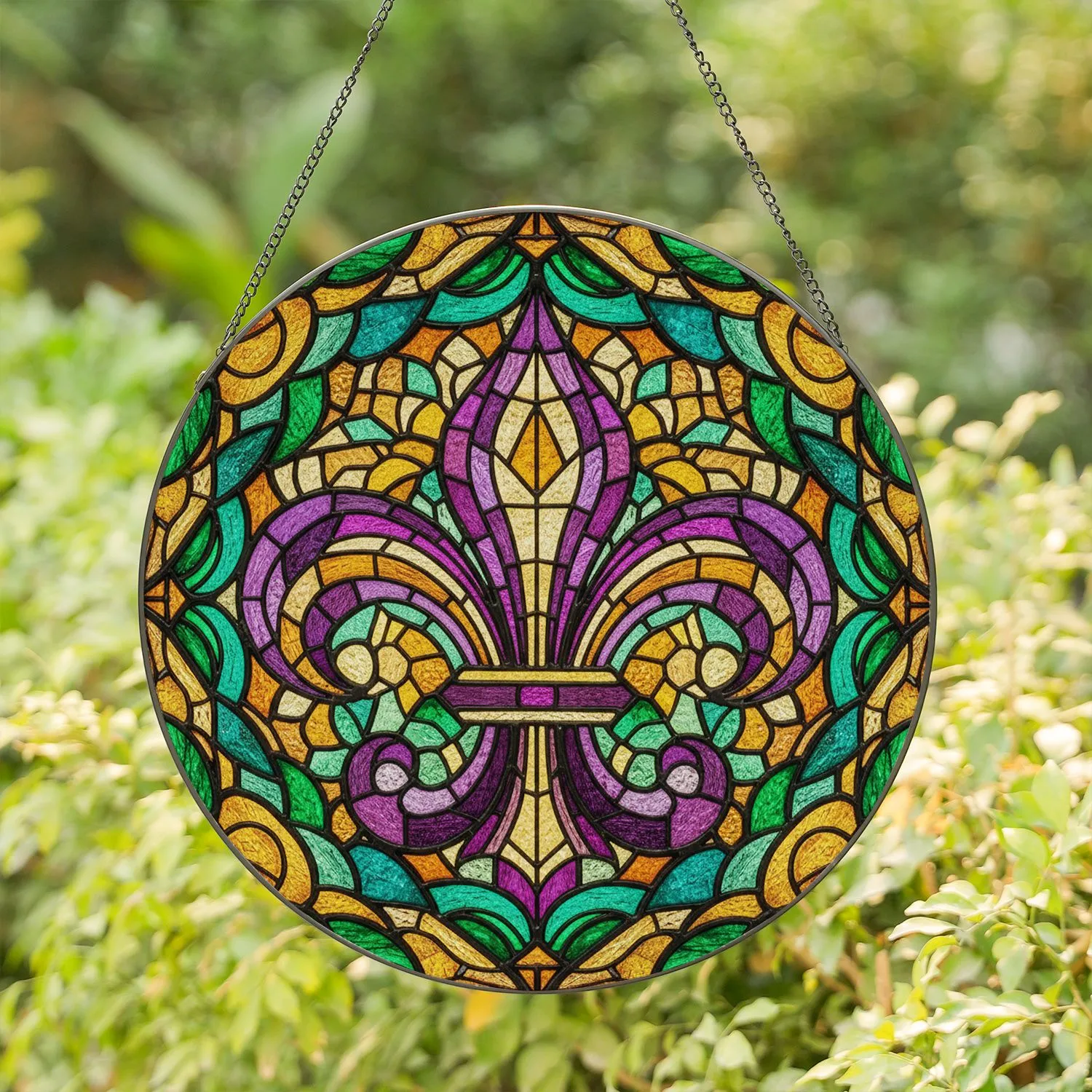 Fleur-de-lis Stained Glass Jewel Tones Edge-to-Edge Tiffany Festive Decor Stained Glass Suncatcher - 1