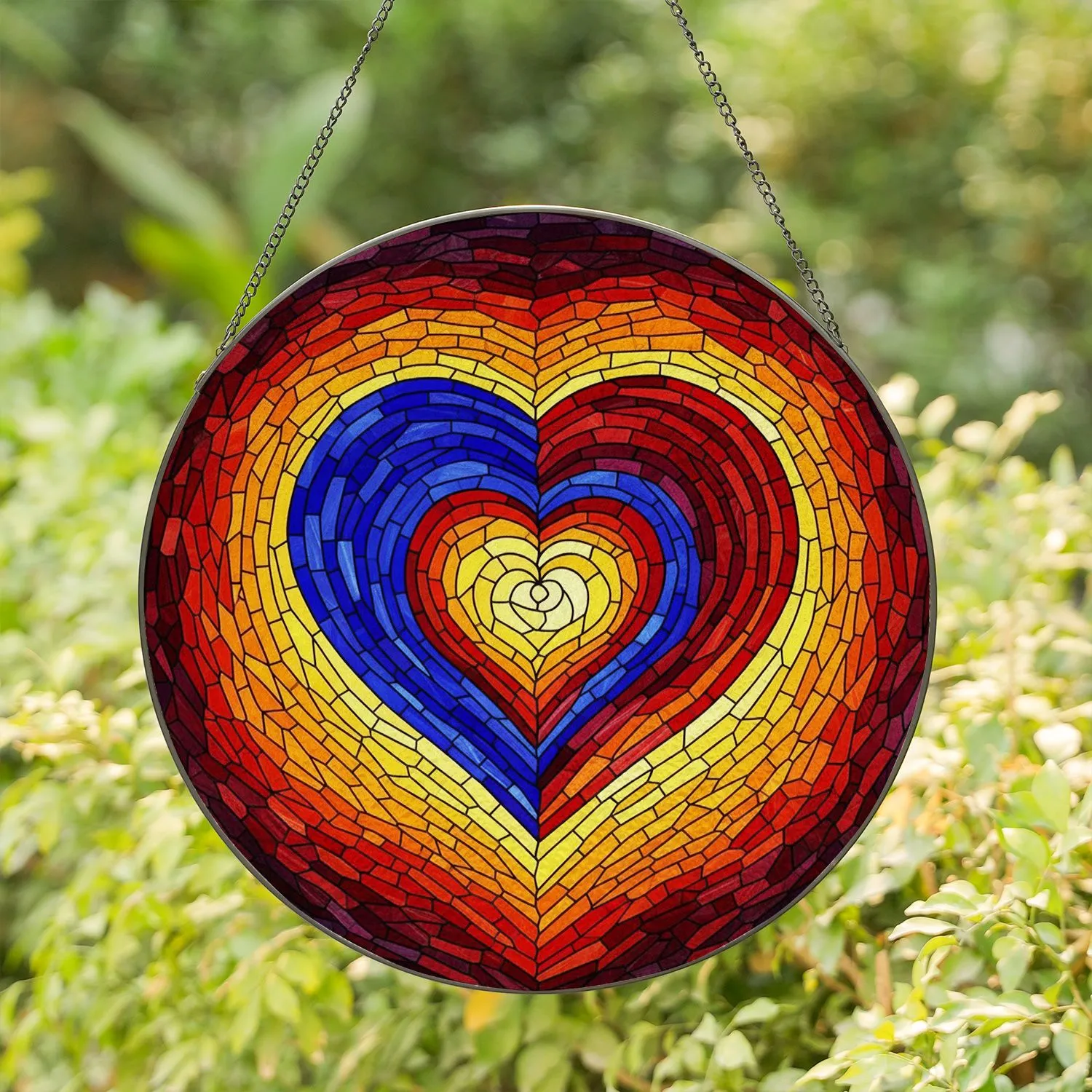 Intricate Stained Glass Heart Spiral Mosaic Tiffany-Style Jewel Tone Gradient Stained Glass Suncatcher - 1
