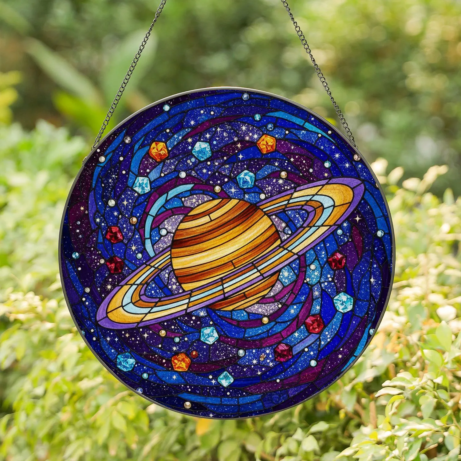Tiffany Stained Glass Saturn Planet Rings Cosmic Mosaic Star Nebula Art Stained Glass Suncatcher - 1