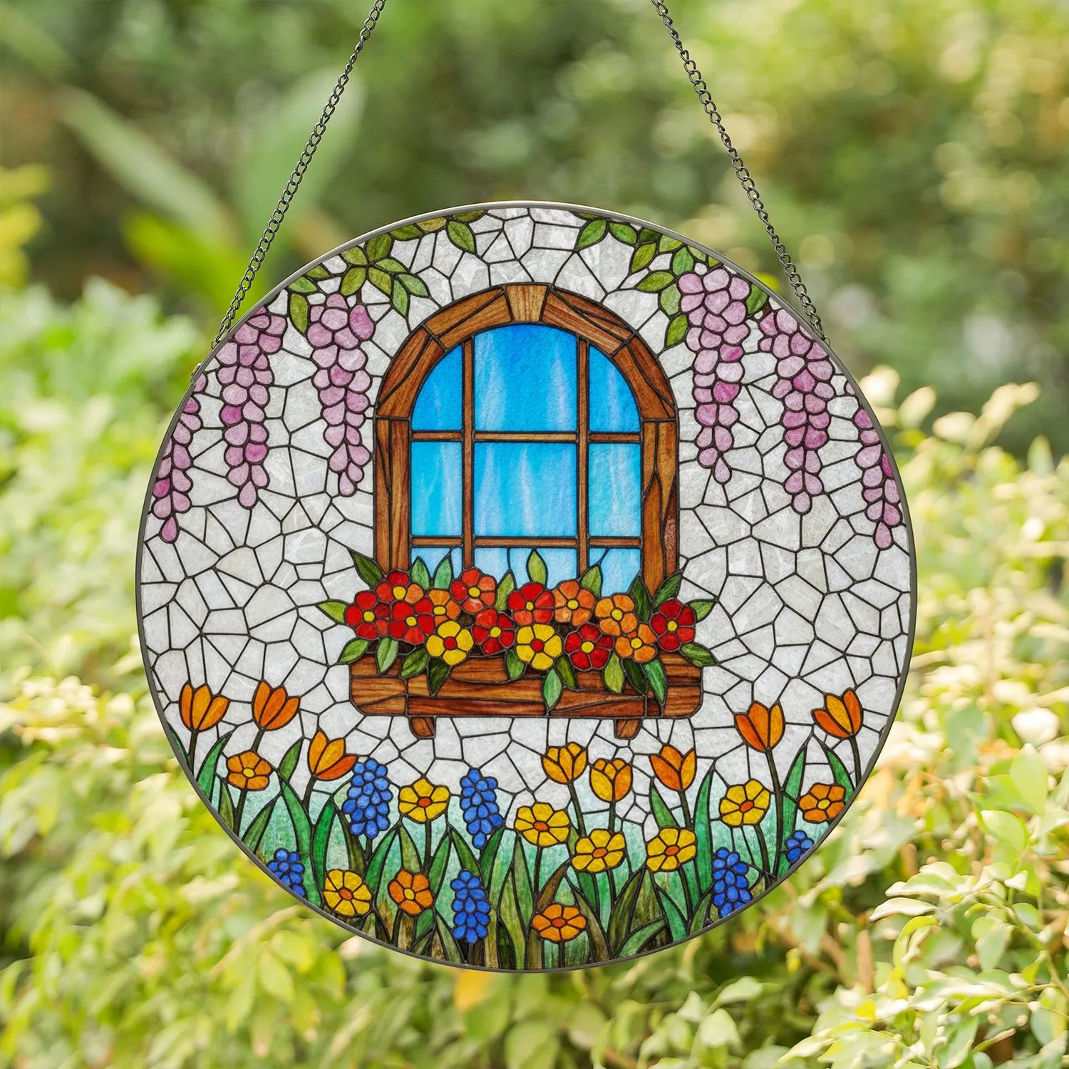 Stained Glass Window Flower Box - Jewel Tone Garden Floral Art Mosaic Home Decor Gift Stained Glass Suncatcher - 1