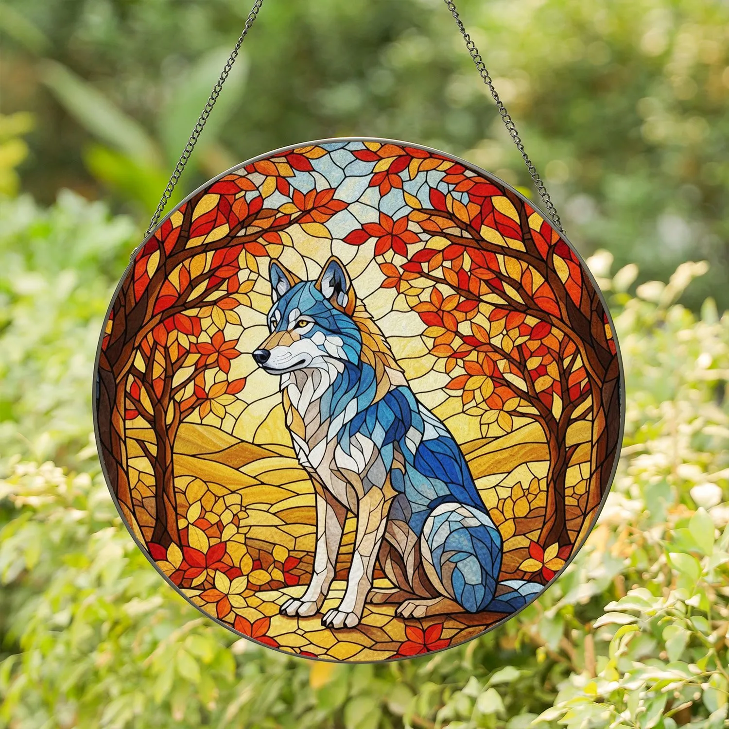 Majestic Wolf Stained Glass Autumn Forest Landscape - Glowing Tiffany Style Jewel Tones Stained Glass Suncatcher - 1