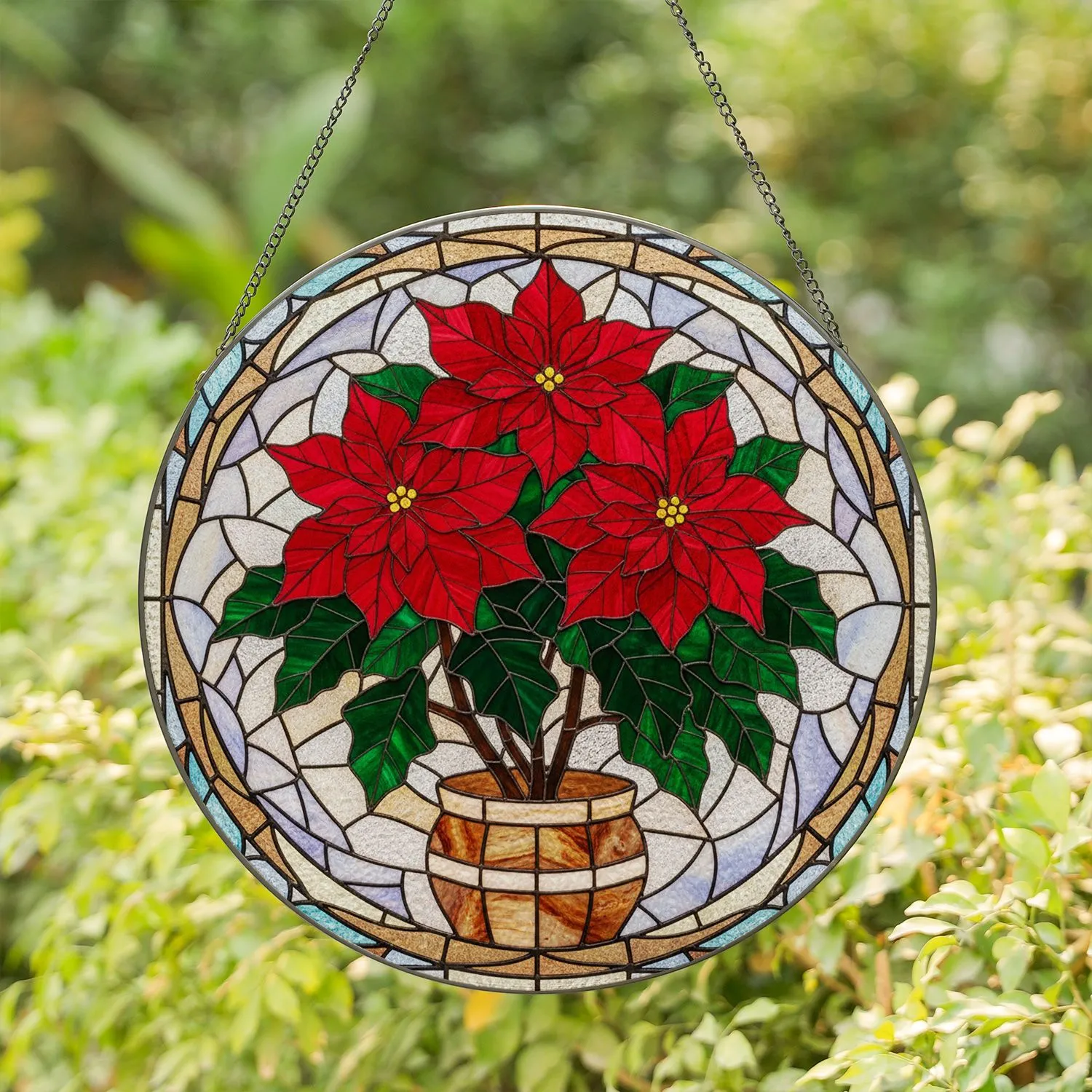 Poinsettia Stained Glass Mosaic - Tiffany Style Christmas Holiday Home Decor Stained Glass Suncatcher - 1