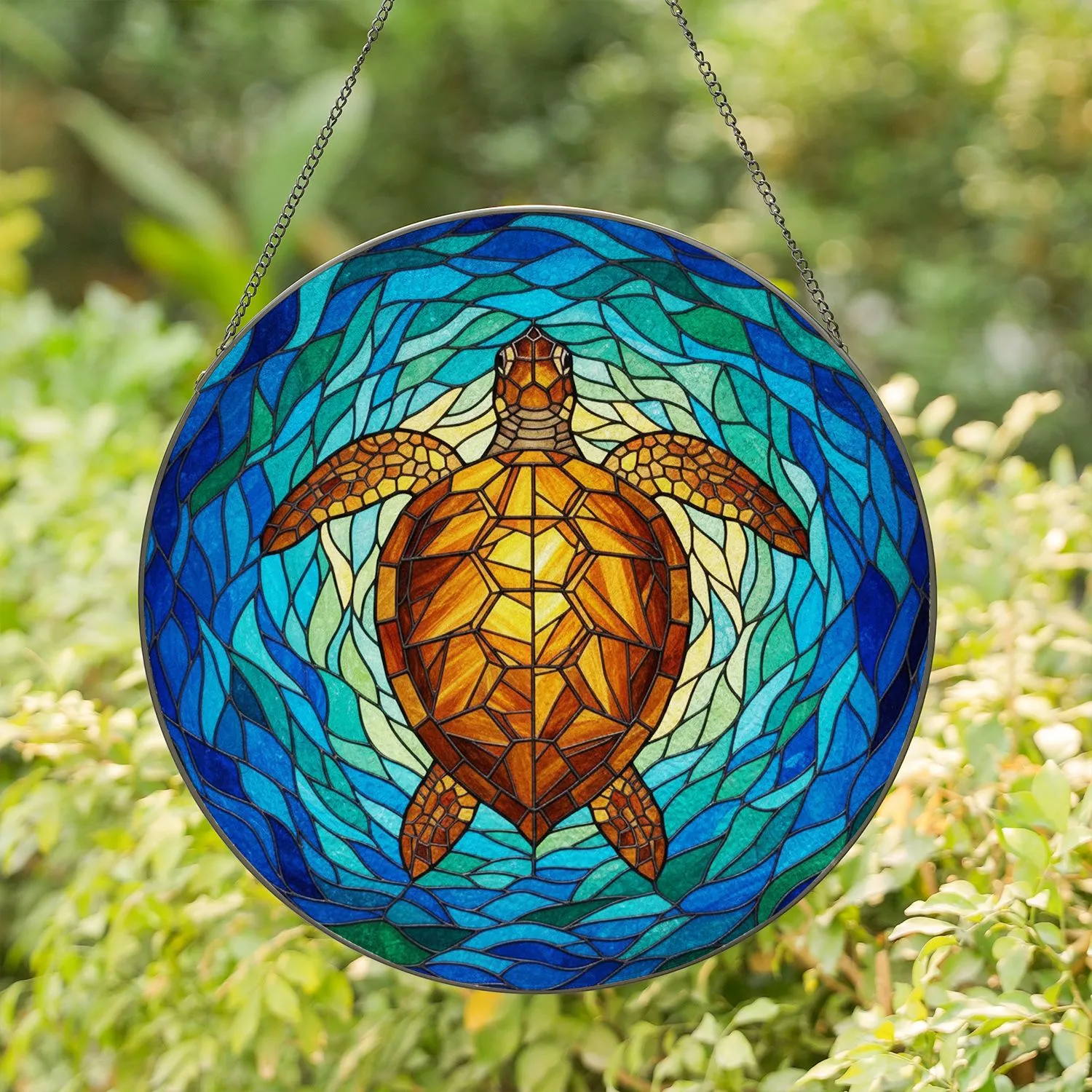 Sea Turtle Stained Glass - Intricate Tiffany Style Jewel Tone Oceanic Water Art Decor Stained Glass Suncatcher - 1