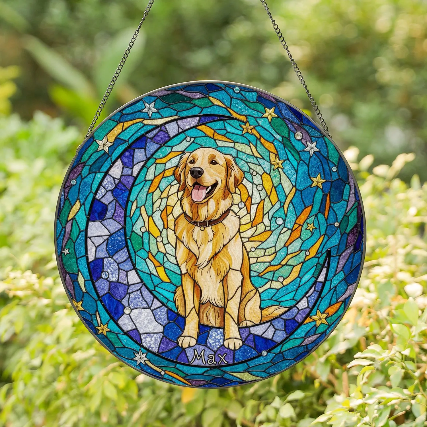 Golden Retriever Max Dog Stained Glass Crescent Moon Night Sky Stars Pet Owner Gift Stained Glass Suncatcher - 1