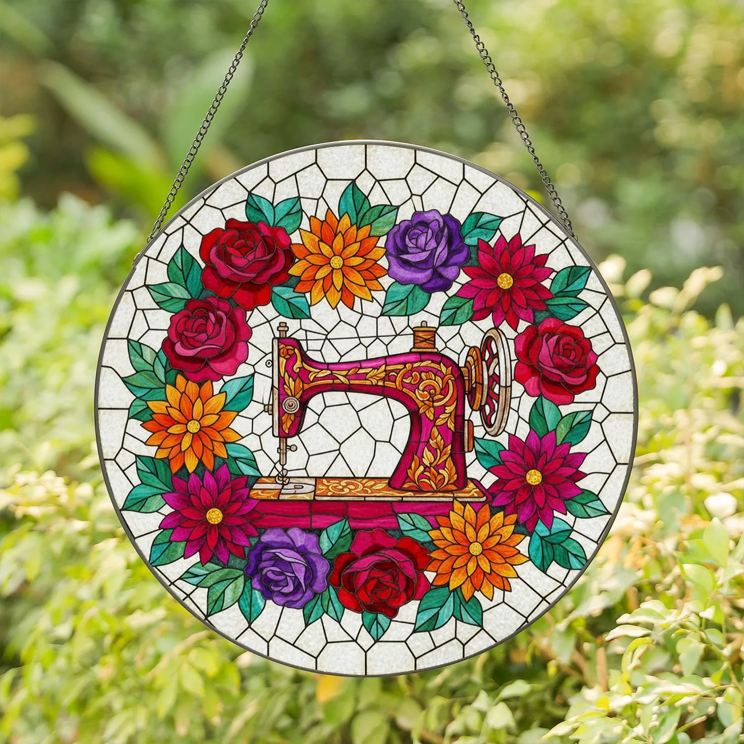Vintage Sewing Machine Stained Glass Art, Jewel Tone Flowers & Tiffany Style Mosaic Stained Glass Suncatcher - 1