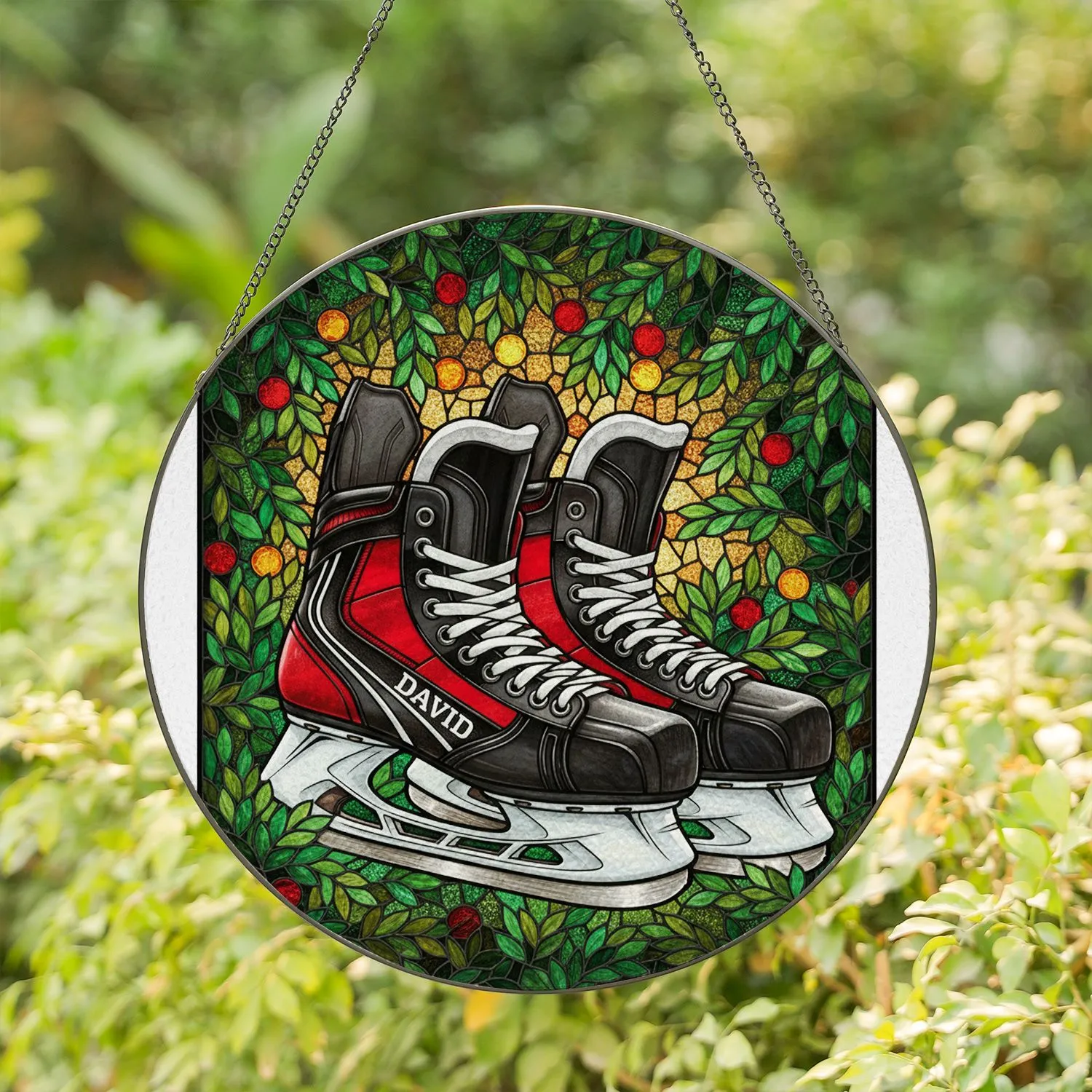 Hockey Skates DAVID Red Black - Jewel Tone Stained Glass Art Evergreen Fan Gift Stained Glass Suncatcher - 1