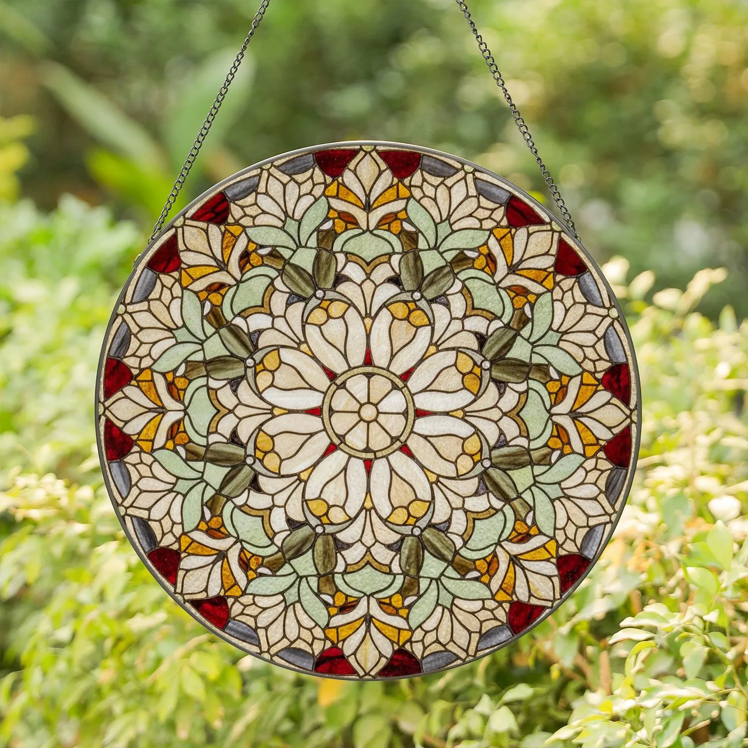 Symmetrical Floral Medallion Stained Glass Mosaic - Intricate Leaf Pattern Tiffany Style Art Stained Glass Suncatcher - 1