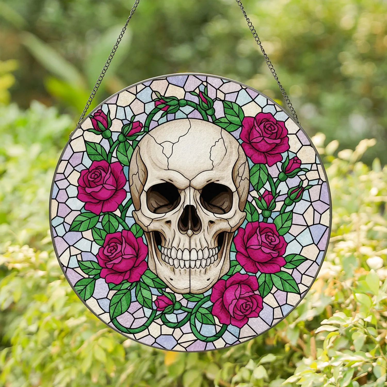 Intricate Skull & Magenta Roses Stained Glass Mosaic - Tiffany Style Jewel Tone Art Stained Glass Suncatcher - 1