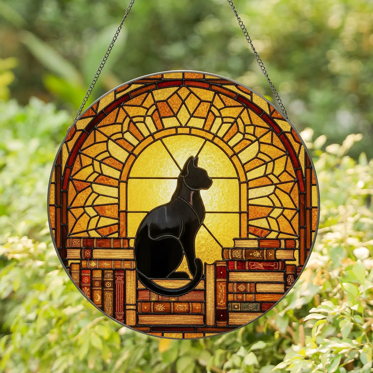 Black Cat Bookshelf Stained Glass Tiffany Art - Jewel Tones Arched Window Books Stained Glass Suncatcher - 1