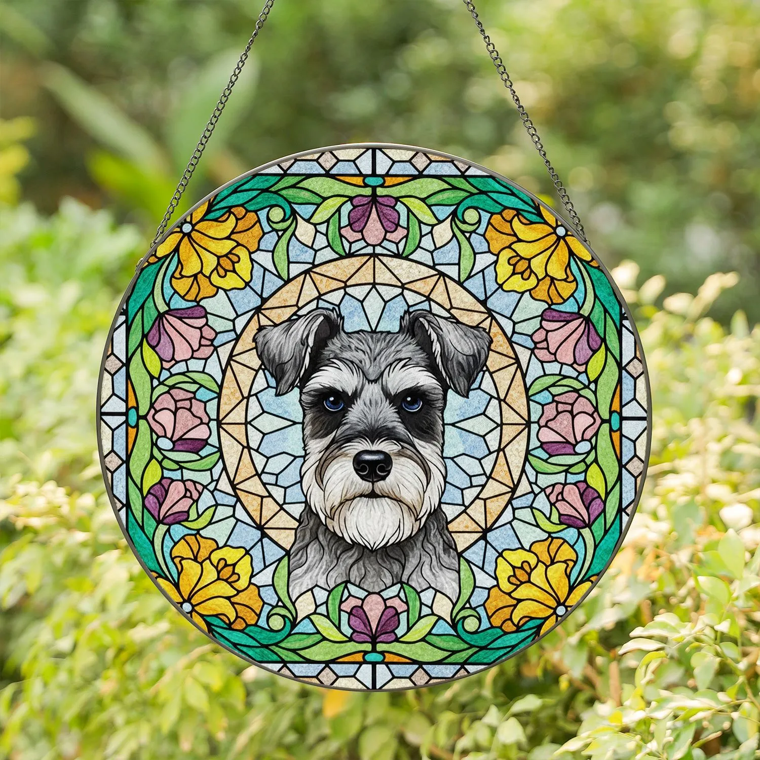 Miniature Schnauzer Stained Glass Floral Mosaic Art - Tiffany Style White Beard Dog Portrait Stained Glass Suncatcher - 1