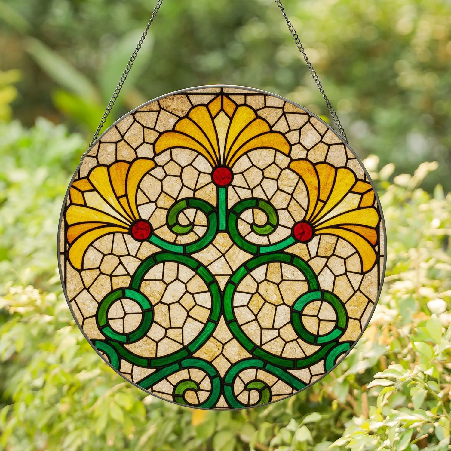 Stained Glass Floral Blooms Tiffany Mosaic Intertwining Stems High Contrast Luminous Art Stained Glass Suncatcher - 1