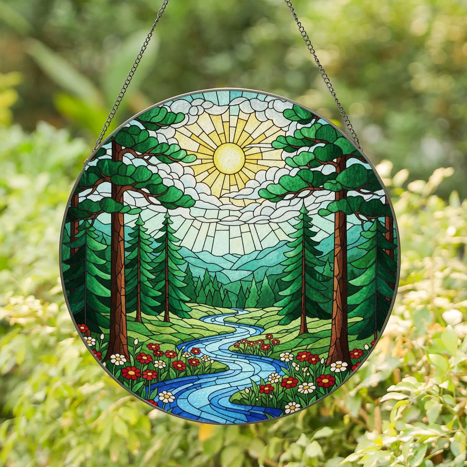 Winding River Forest Wildflowers Daisies Pine Trees Mountain Sun Landscape Gift Stained Glass Suncatcher - 1