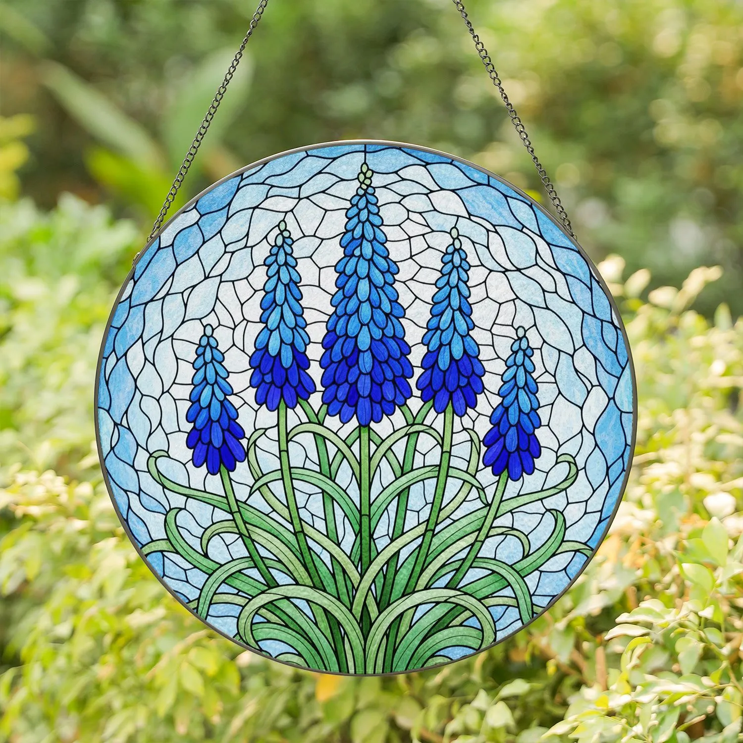Blue Conical Blossom Spikes Tiffany Stained Glass, Green Leaves & Water Mosaic Art Stained Glass Suncatcher - 1