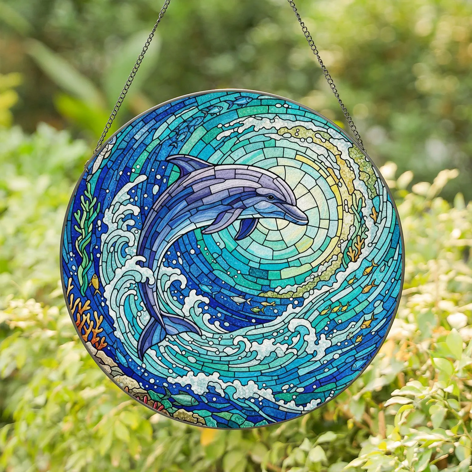 Glowing Tiffany Dolphin Ocean Stained Glass Art - Intricate Wave Sea Life Decor Stained Glass Suncatcher - 1