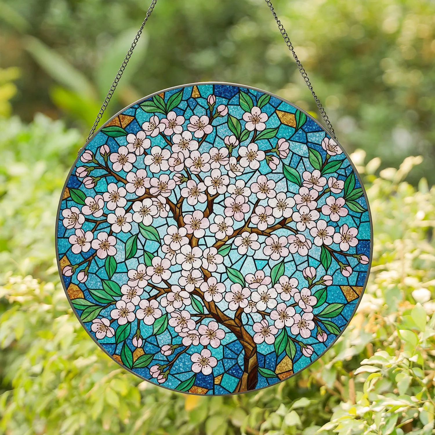 Gnarled Branch Cherry Blossom Stained Glass Art - White Pink Flowers Teal Mosaic Stained Glass Suncatcher - 1