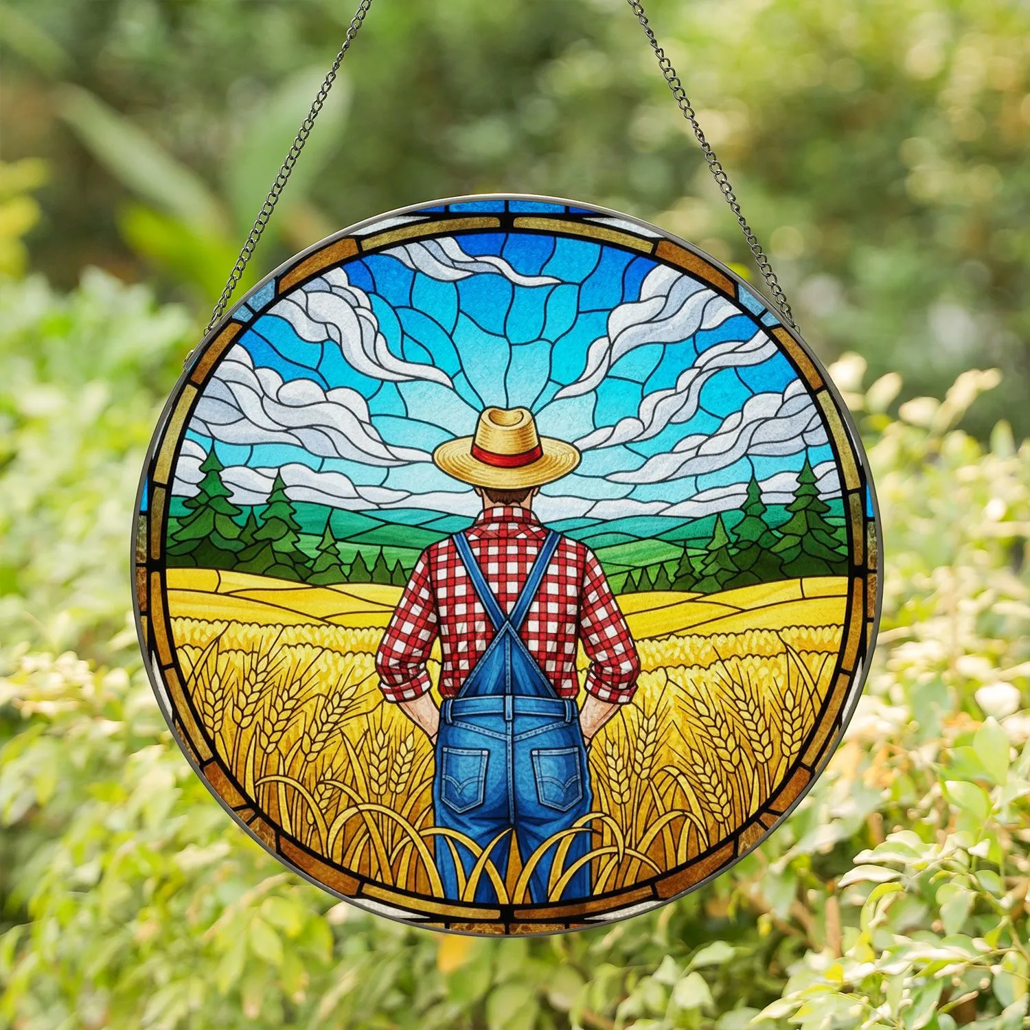 Stained Glass Farmer Wheat Field Hills Sky Clouds - Tiffany Art Rural Farm Home Decor Gift Stained Glass Suncatcher - 1