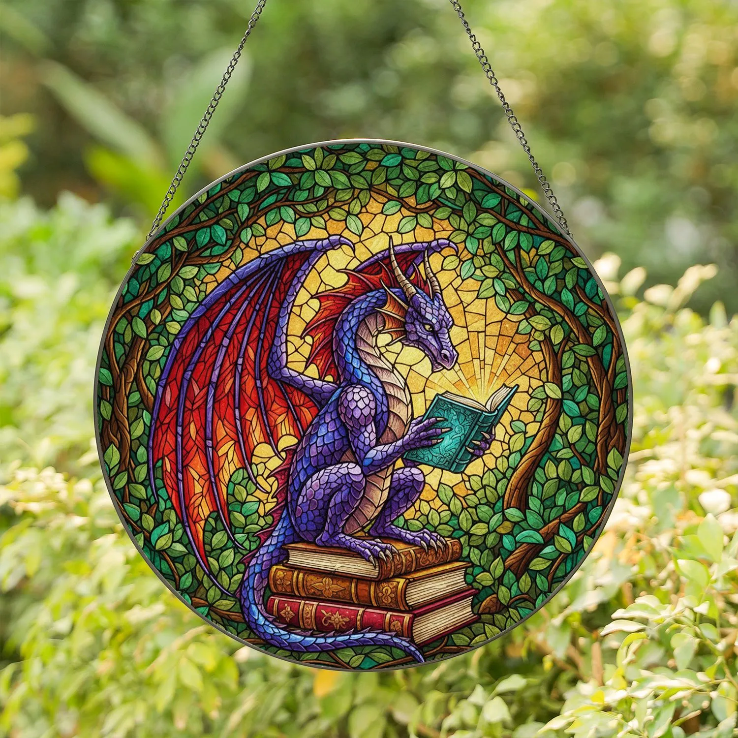 Majestic Dragon Reading Antique Books Stained Glass - Colorful Forest Foliage Tiffany Style Stained Glass Suncatcher - 1
