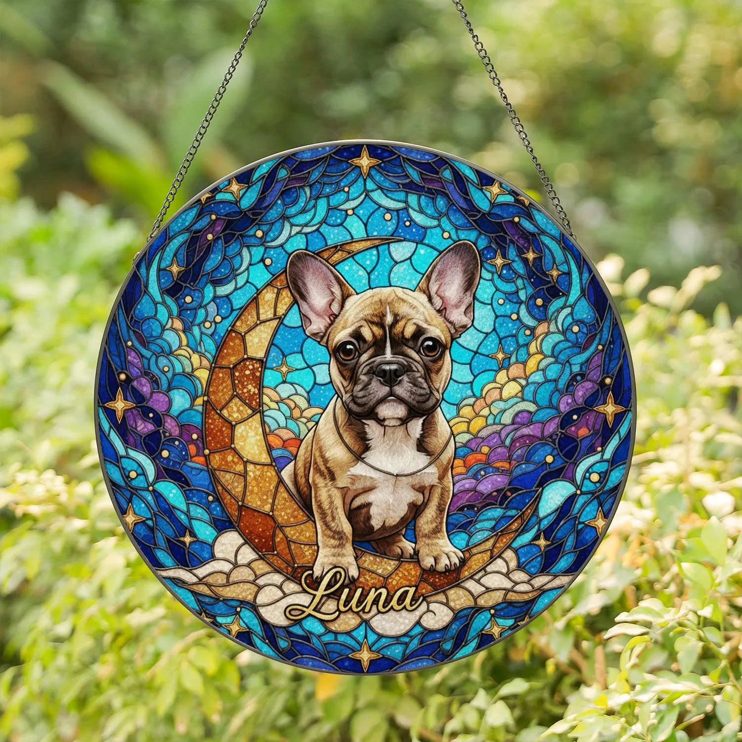 Brindle French Bulldog Puppy Crescent Moon Cosmic Nebula 'Luna' Text Tiffany Glass Jewel Art Stained Glass Suncatcher - 1
