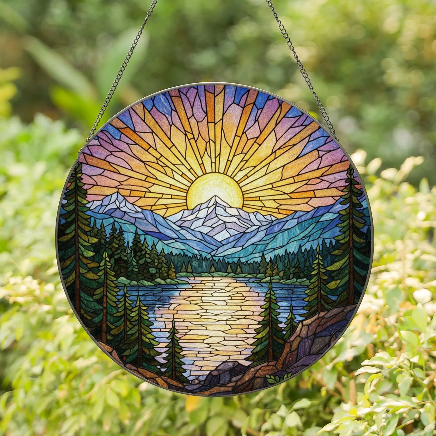 Tiffany Style Stained Glass Mountain Lake - Evergreen Snowy Peaks Sunrise Sunset Window Art Stained Glass Suncatcher - 1