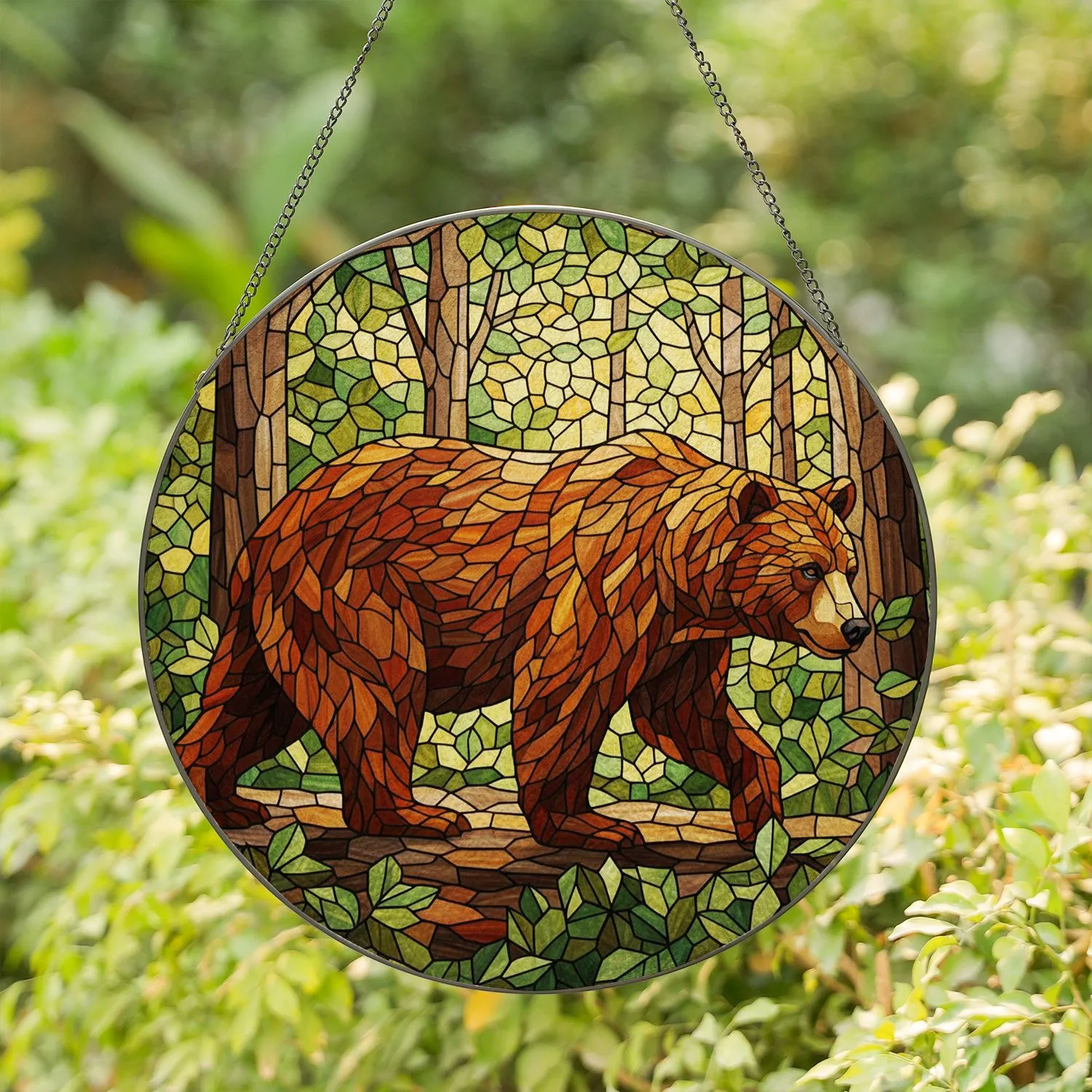 Brown Bear Stained Glass Woodland Tiffany Mosaic Art - Detailed Wildlife Nature Scene Stained Glass Suncatcher - 1