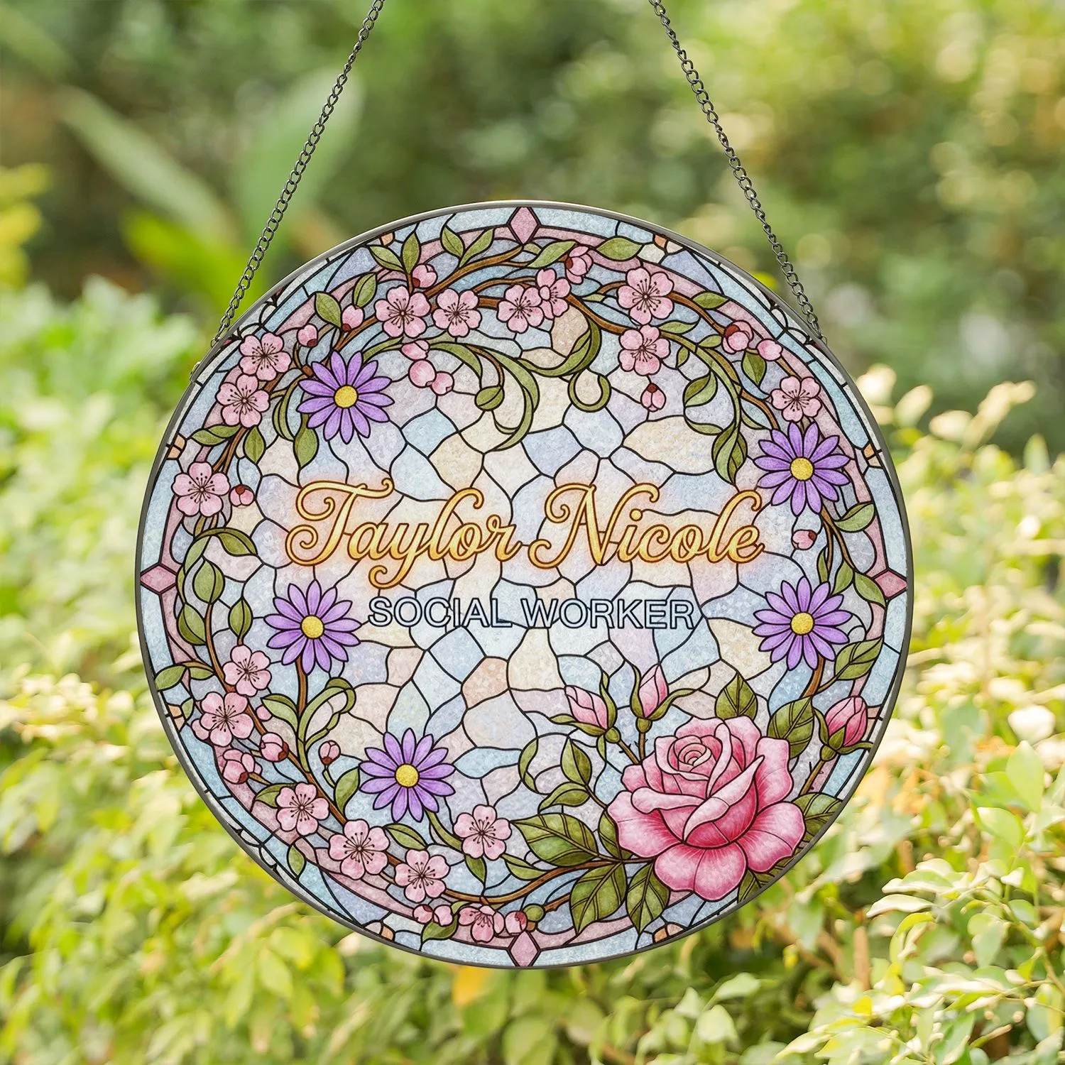 Taylor Nicole Social Worker Stained Glass Floral Rose Tiffany Style Jewel Tone Gift Stained Glass Suncatcher - 1