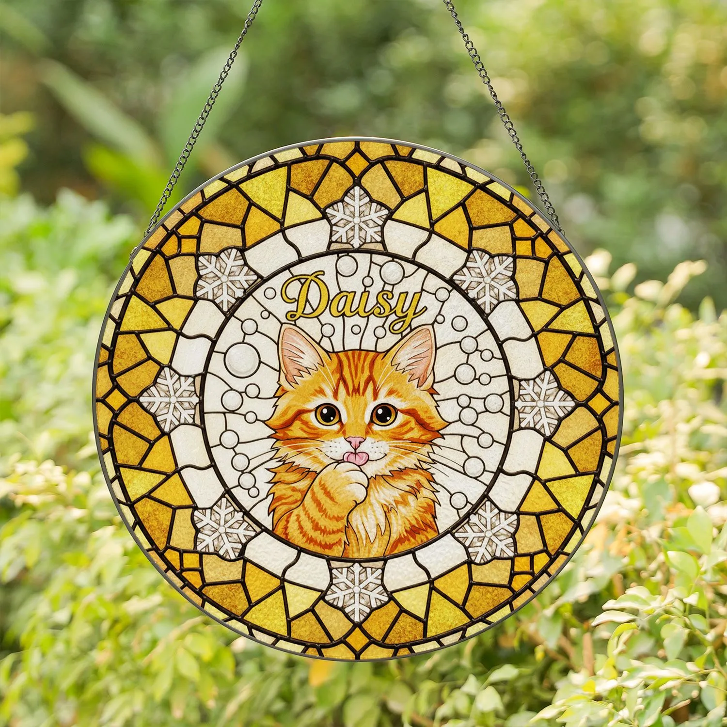 Ginger Kitten Daisy Stained Glass Mosaic Snowflakes Bubbles Tiffany Art Stained Glass Suncatcher - 1