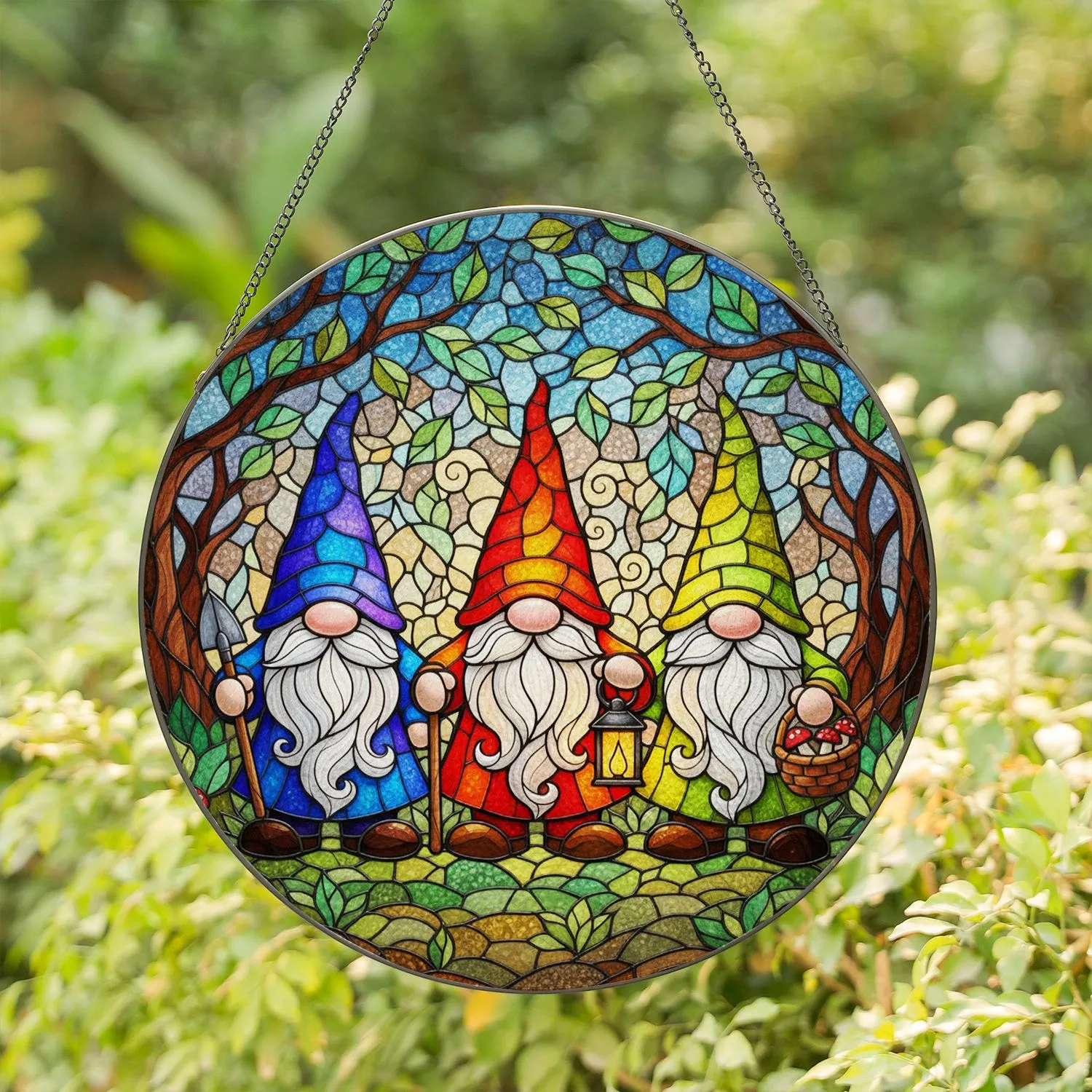 Blue Red Yellow Garden Gnomes Stained Glass Window Mosaic - Tiffany Jewel Tone Forest Art Stained Glass Suncatcher - 1