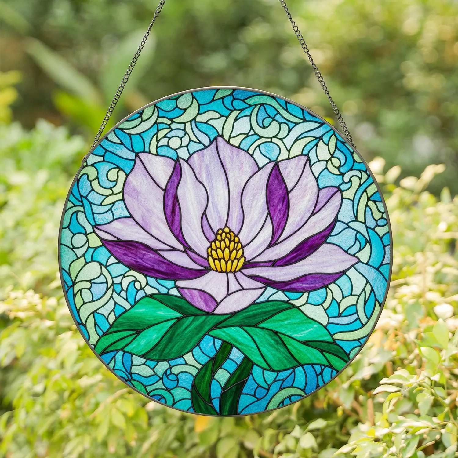 Purple Lavender Magnolia Flower Stained Glass - Tiffany Inspired Jewel Tone Floral Mosaic Stained Glass Suncatcher - 1