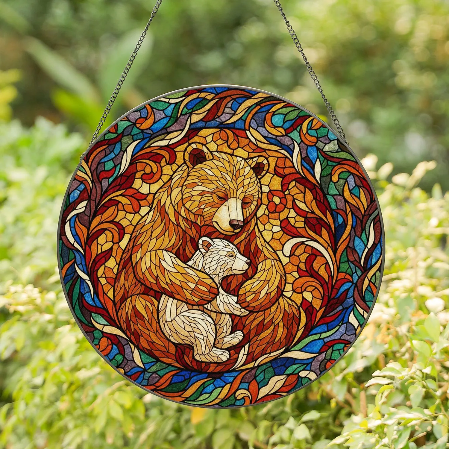 Tiffany Style Stained Glass Mother Bear Two Cubs Embrace - Nurturing Mosaic Art Gift for Mom Stained Glass Suncatcher - 1
