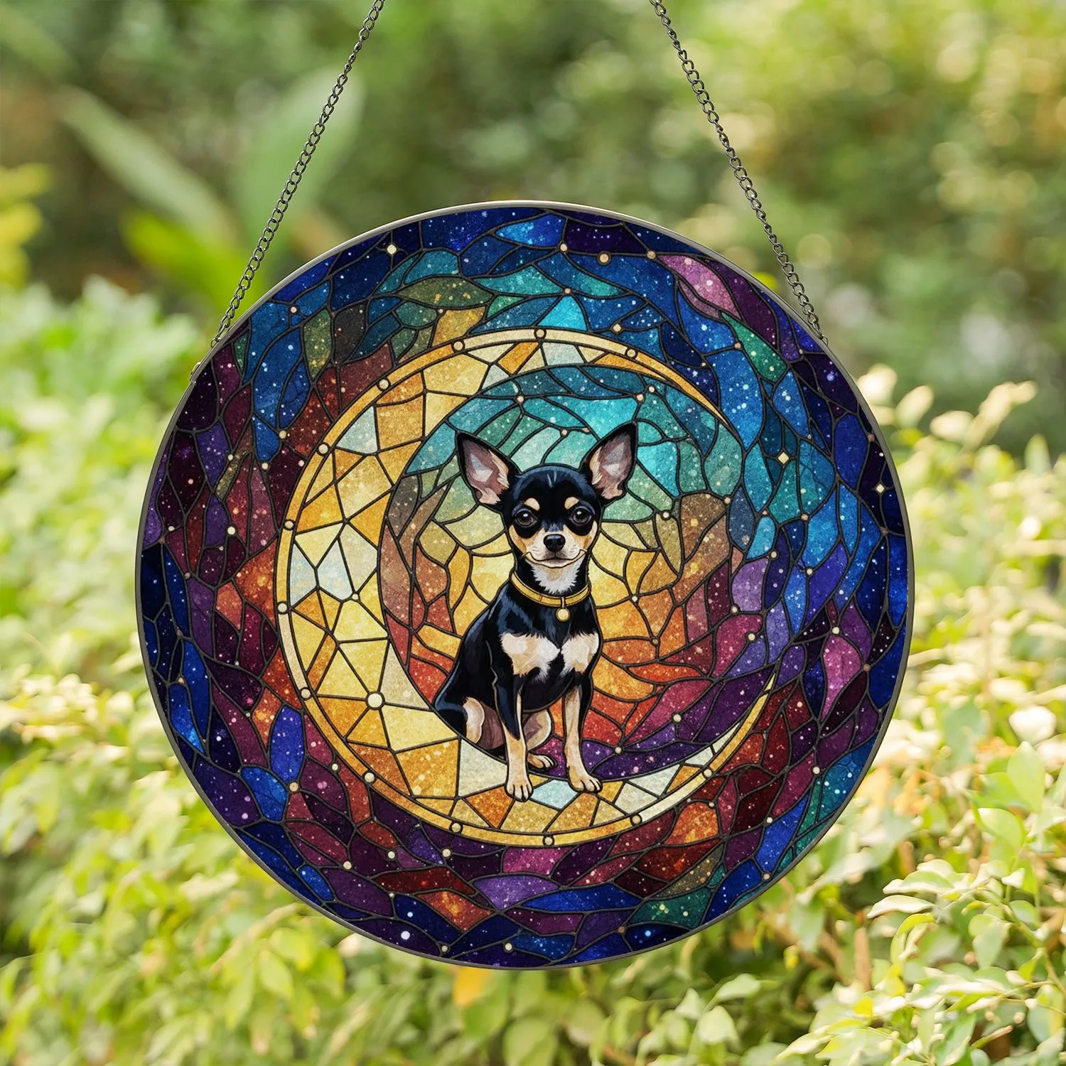 Chihuahua Dog Tiffany Stained Glass Art - Crescent Moon Celestial Nebula Stars Lover Gift Stained Glass Suncatcher - 1