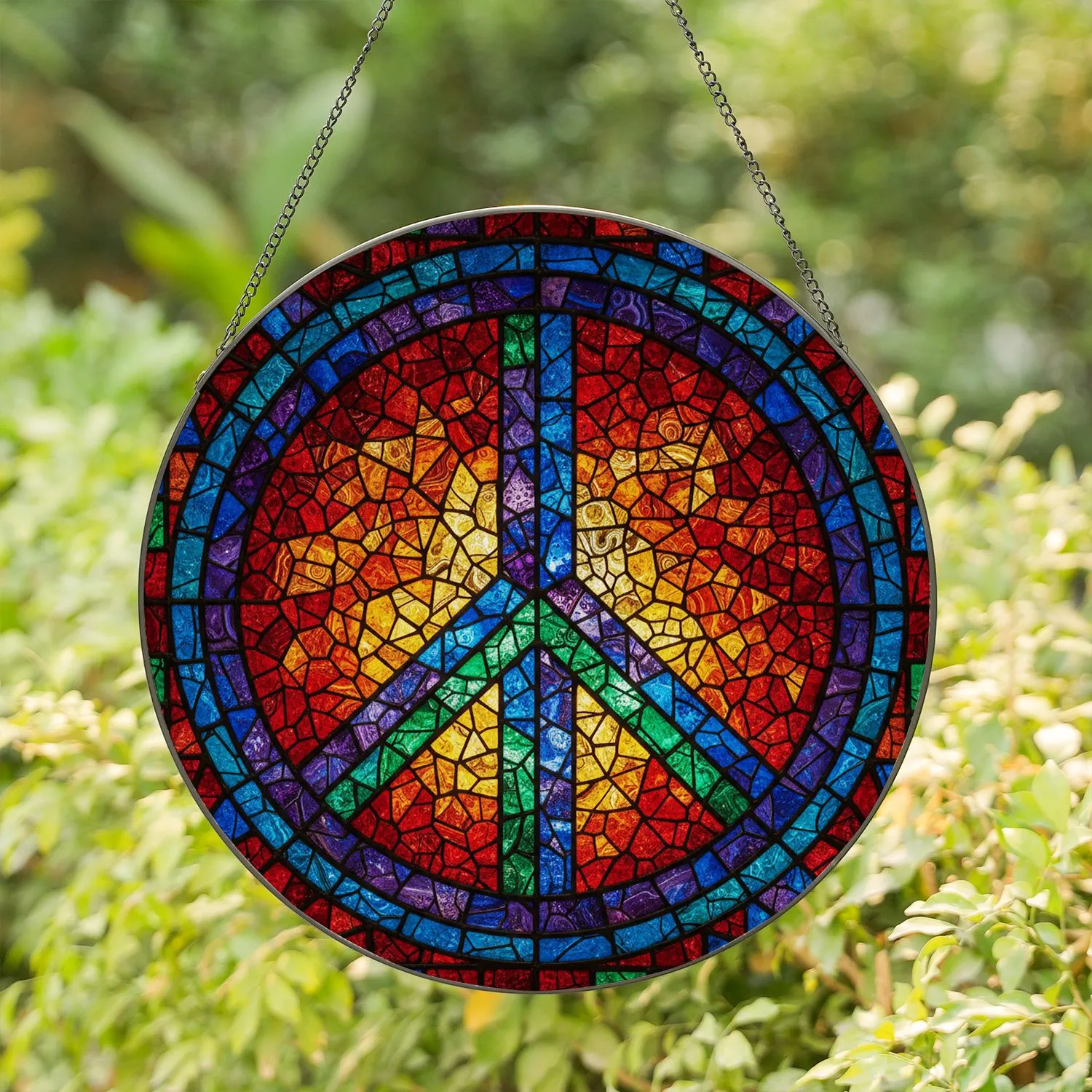 Segmented Peace Sign Stained Glass Mosaic Art - Tiffany Style Jewel Tone Fractured Glass Stained Glass Suncatcher - 1