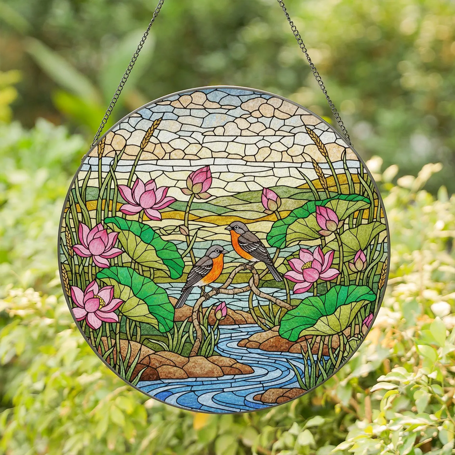 Tiffany Stained Glass Birds Lotus Flowers - Pond & Aquatic Nature Scene Decor Gift Stained Glass Suncatcher - 1