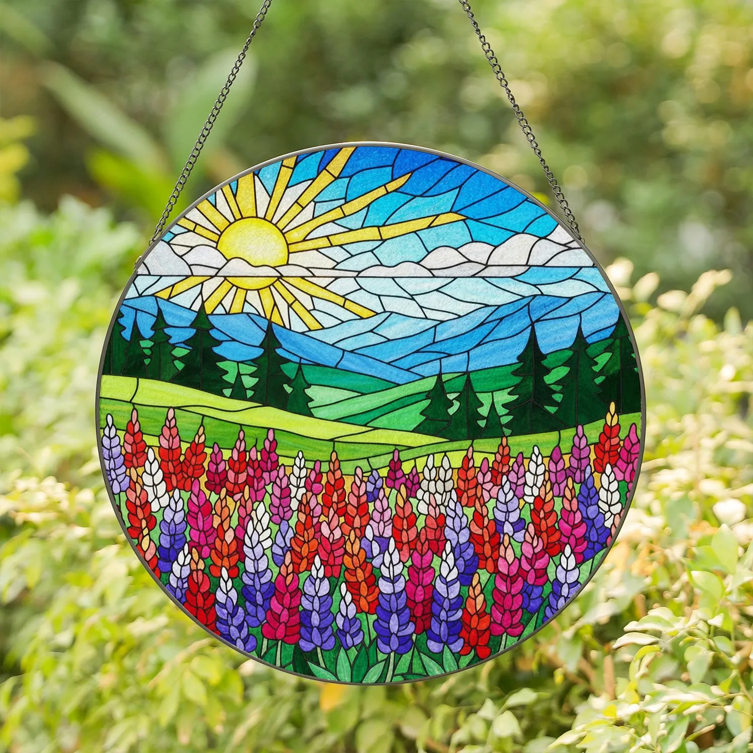 Lupine Wildflower Meadow Stained Glass Evergreen Mountain Sun Mosaic Window Art Stained Glass Suncatcher - 1