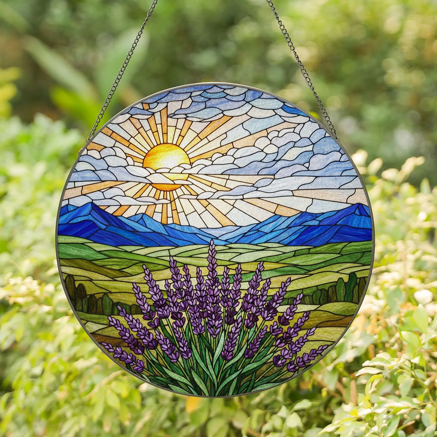 Lavender Flowers Hills Mountains Sky Sun Landscape - Glowing Tiffany Glass Jewel Tones Stained Glass Suncatcher - 1