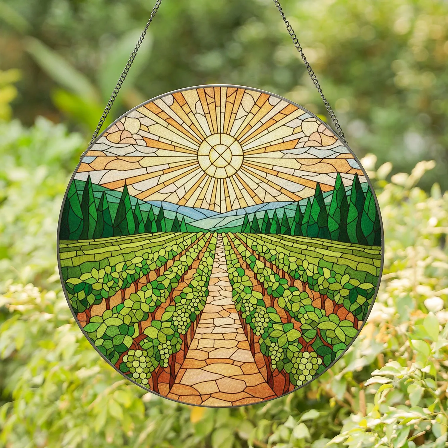 Stained Glass Vineyard Scene with Green Grapevines, Rolling Hills, & Stylized Sun Art Stained Glass Suncatcher - 1