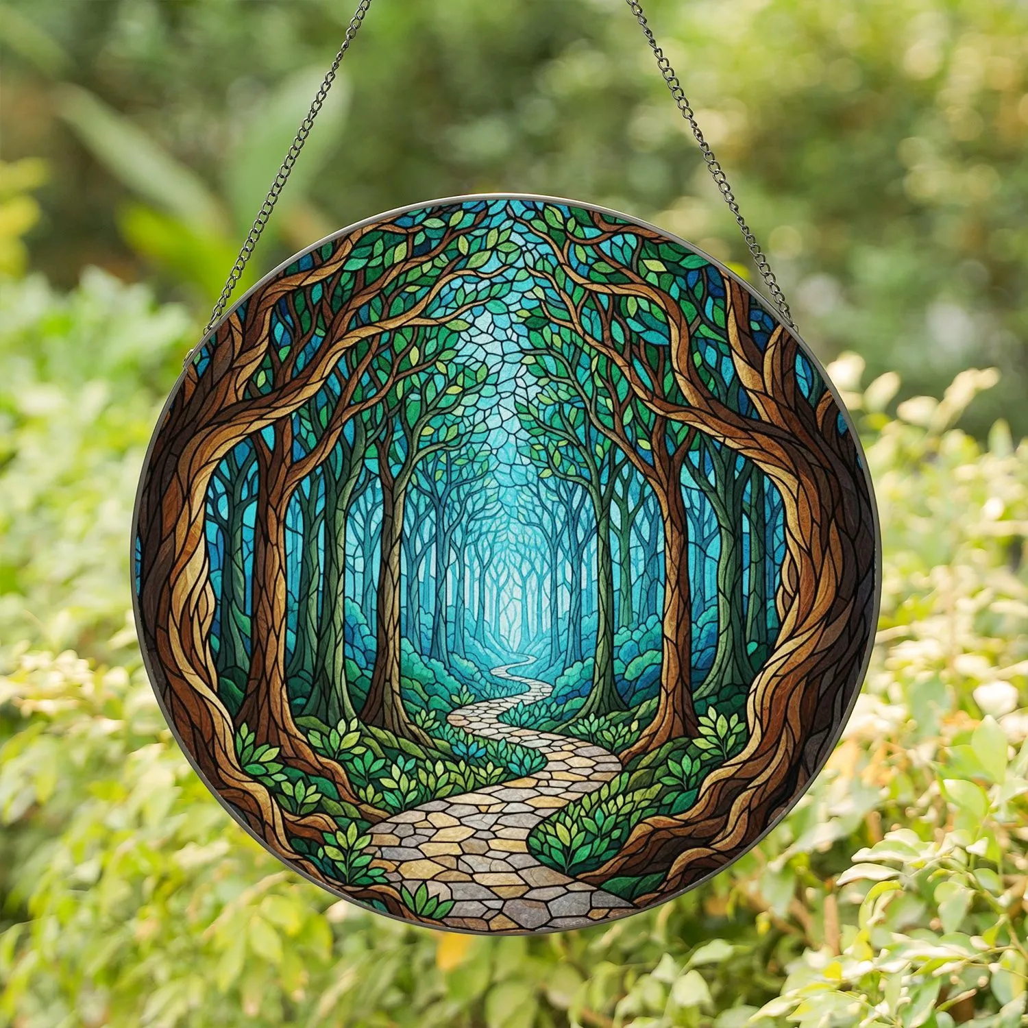 Winding Stone Path Mysterious Forest Stained Glass - Tiffany Art Home Decor Gift for Nature Lovers Stained Glass Suncatcher - 1