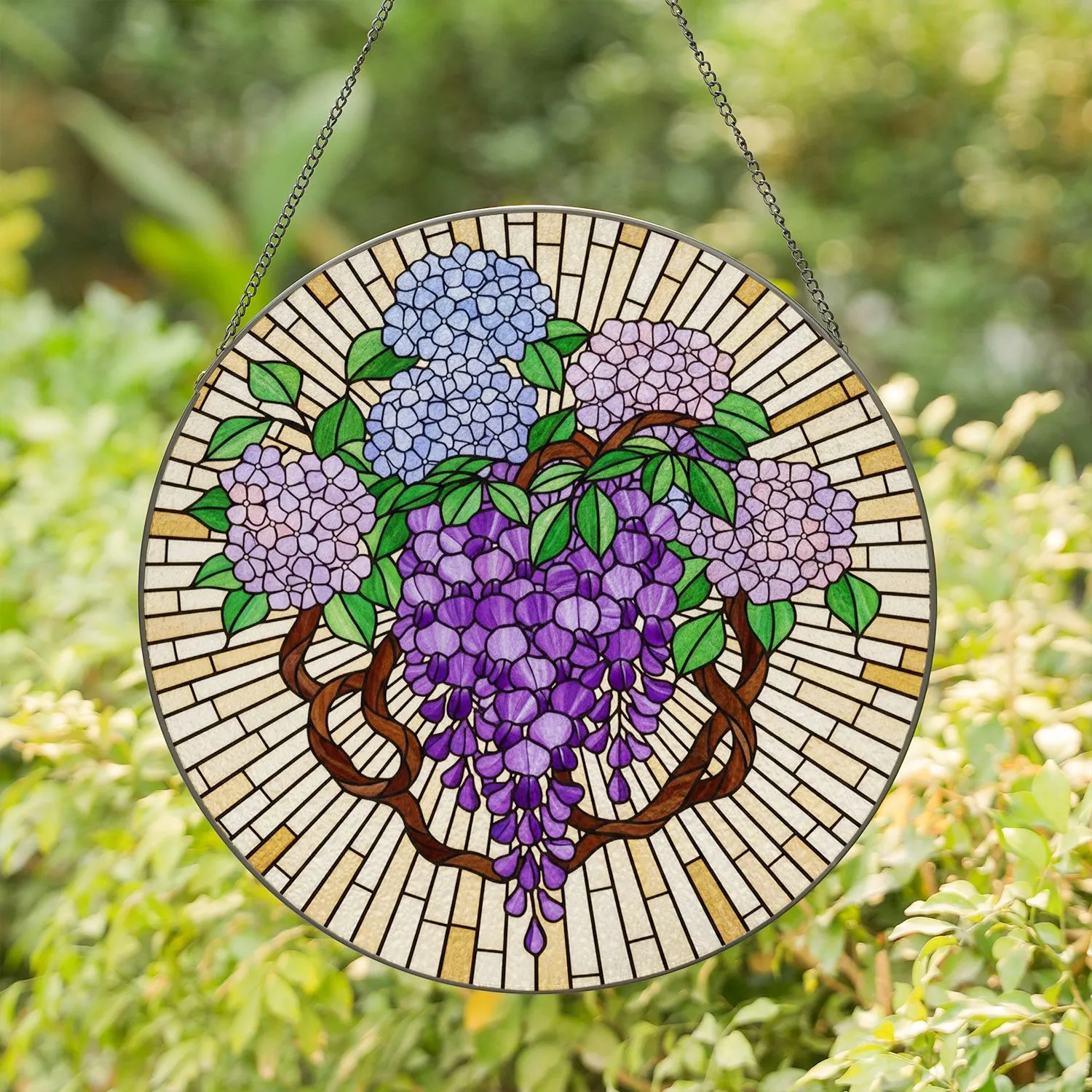 Tiffany Style Stained Glass Art - Purple Wisteria Hydrangea Floral Sunburst Jewel Tone Stained Glass Suncatcher - 1