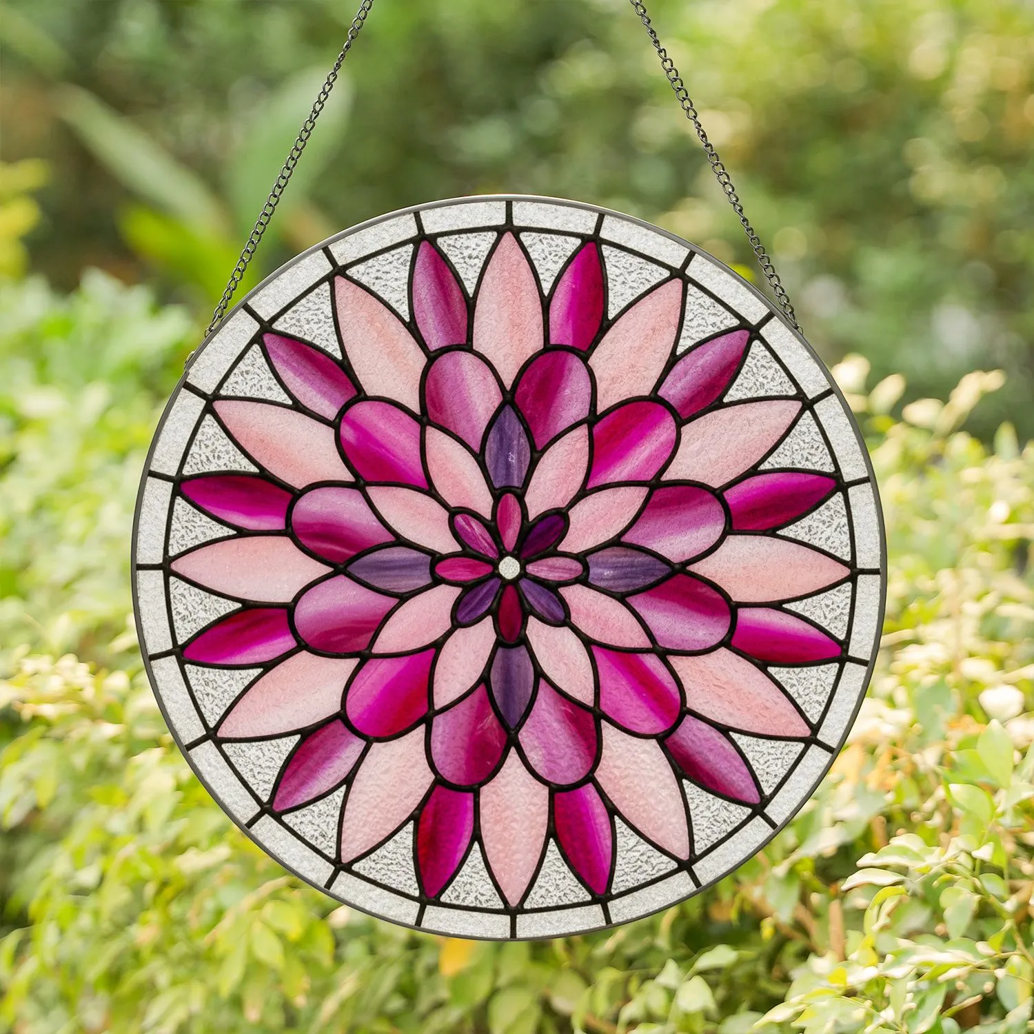 Intricate Stained Glass Floral Petal Star Tiffany Style Concentric Rings Mosaic Background Stained Glass Suncatcher - 1