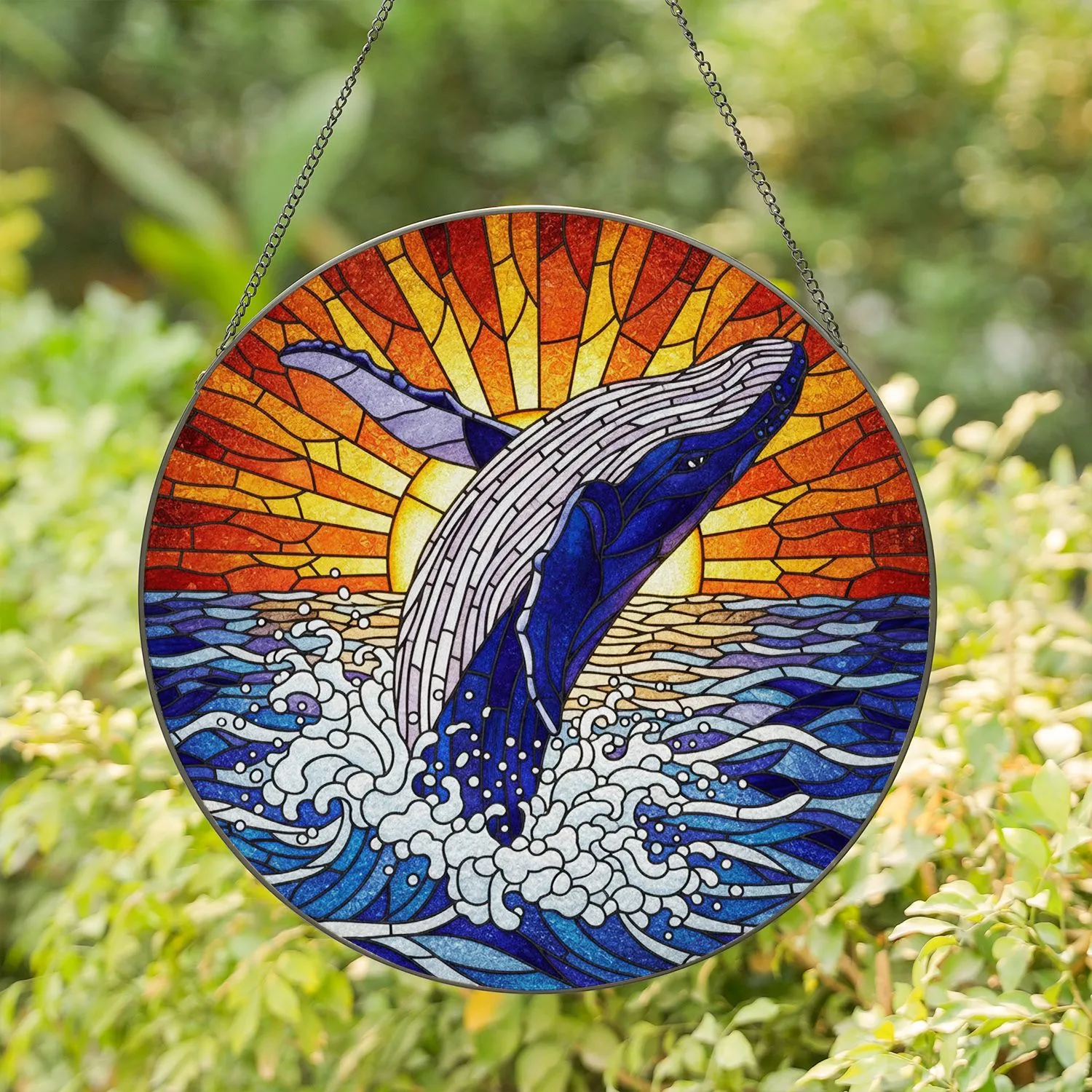Humpback Whale Breaching Tiffany Glass Sunset Ocean Waters Intricate Jewel Tone Scene Stained Glass Suncatcher - 1