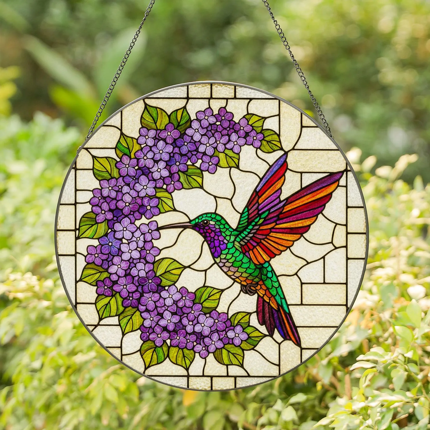 Jewel Tone Hummingbird Stained Glass Art with Purple Flowers & Garden Mosaic Stained Glass Suncatcher - 1