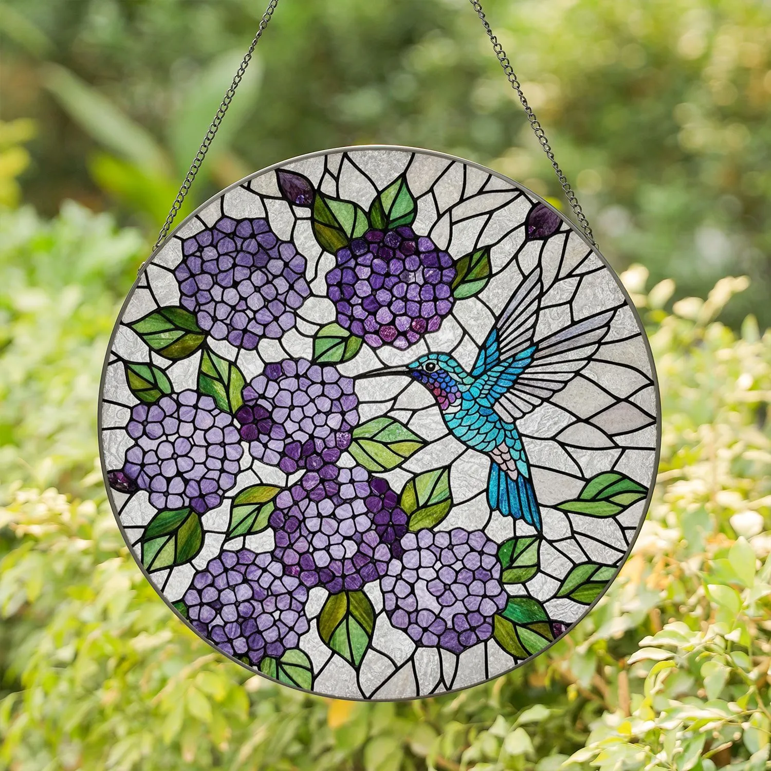 Hummingbird Mid-Flight Tiffany Stained Glass Purple Lavender Flowers Jewel Tones Mosaic Stained Glass Suncatcher - 1