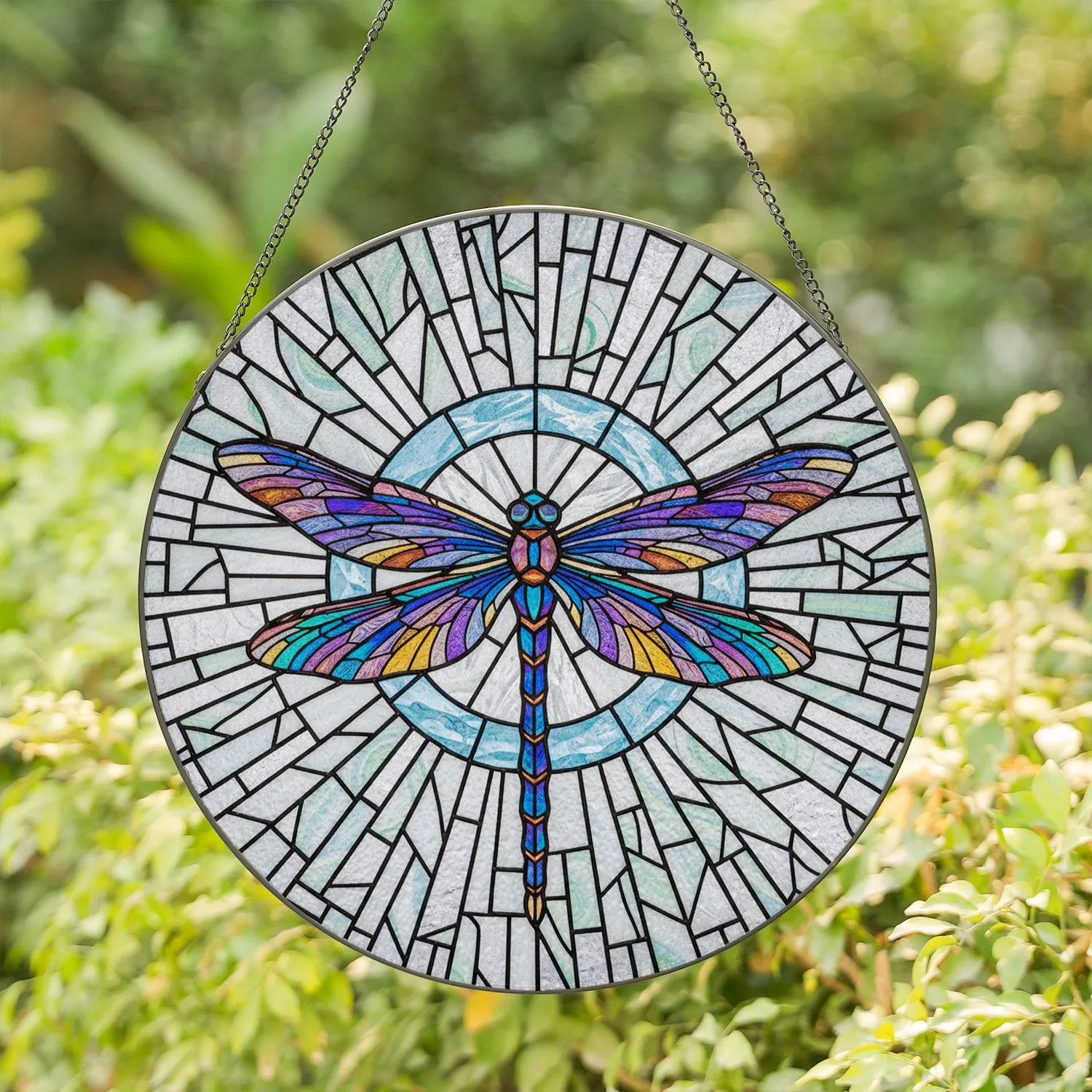 Tiffany Stained Glass Dragonfly Mosaic Vibrant Purples Blues Teal Greens Whites Stained Glass Suncatcher - 1