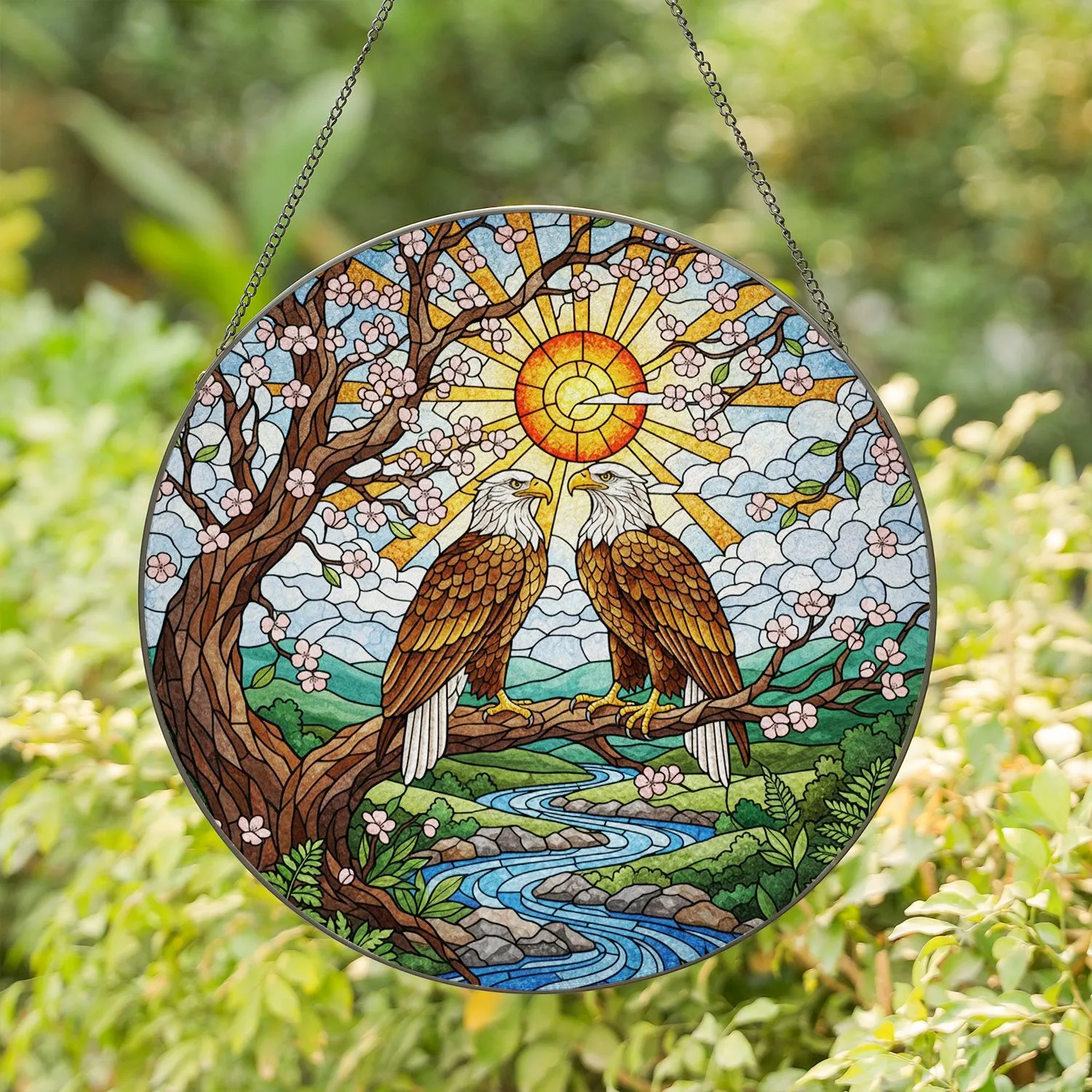 Majestic Bald Eagles Stained Glass Tiffany Art Cherry Blossom River Sky Jewel Tones Mosaic Stained Glass Suncatcher - 1