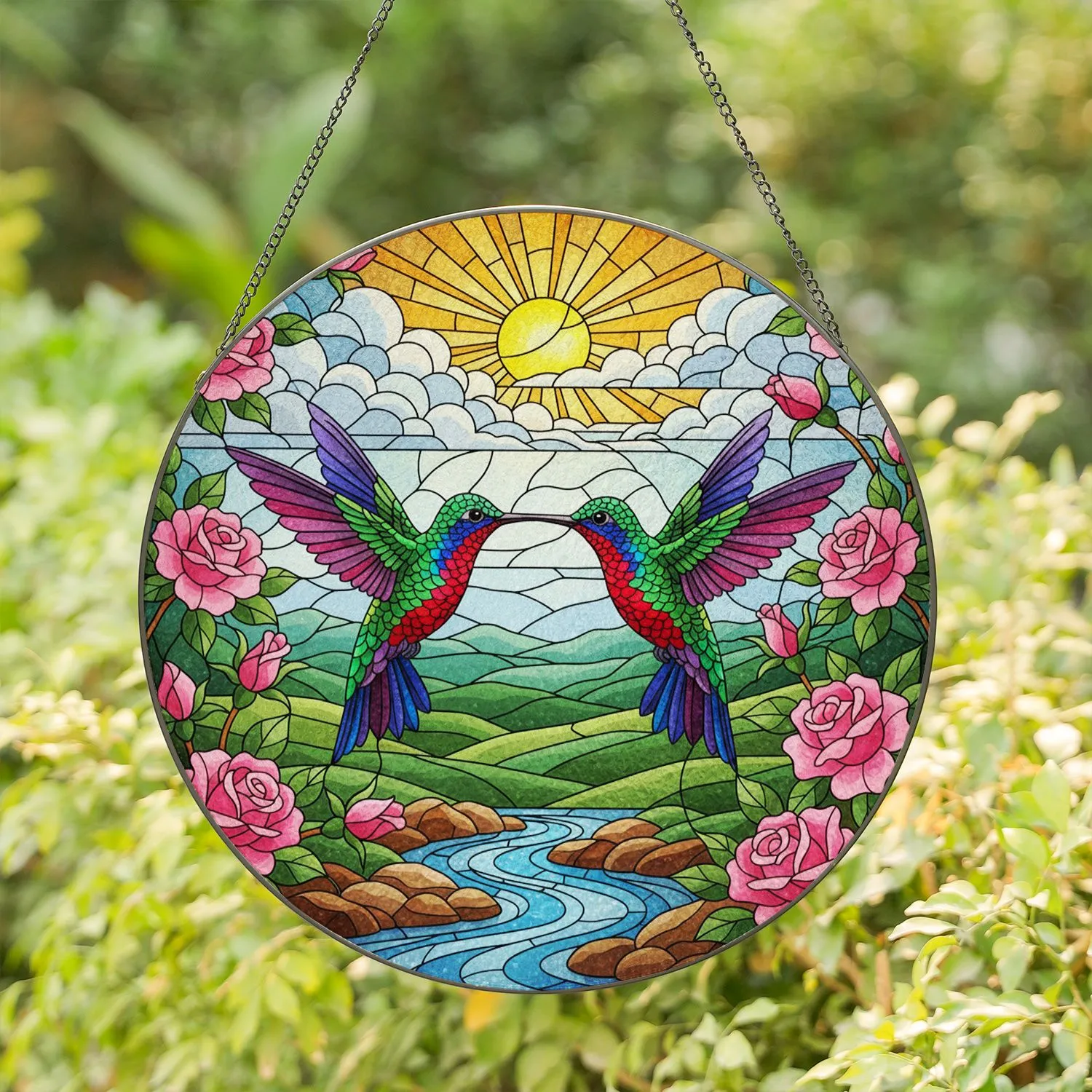 Hummingbirds & Roses Tiffany Stained Glass - Nature Stream Sun Edge-to-Edge Art Stained Glass Suncatcher - 1