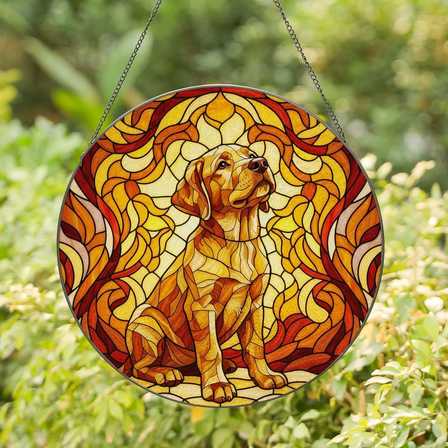 Labrador Puppy Stained Glass - Tiffany Style Geometric Mosaic Warm Jewel Tones Window Decor Stained Glass Suncatcher - 1
