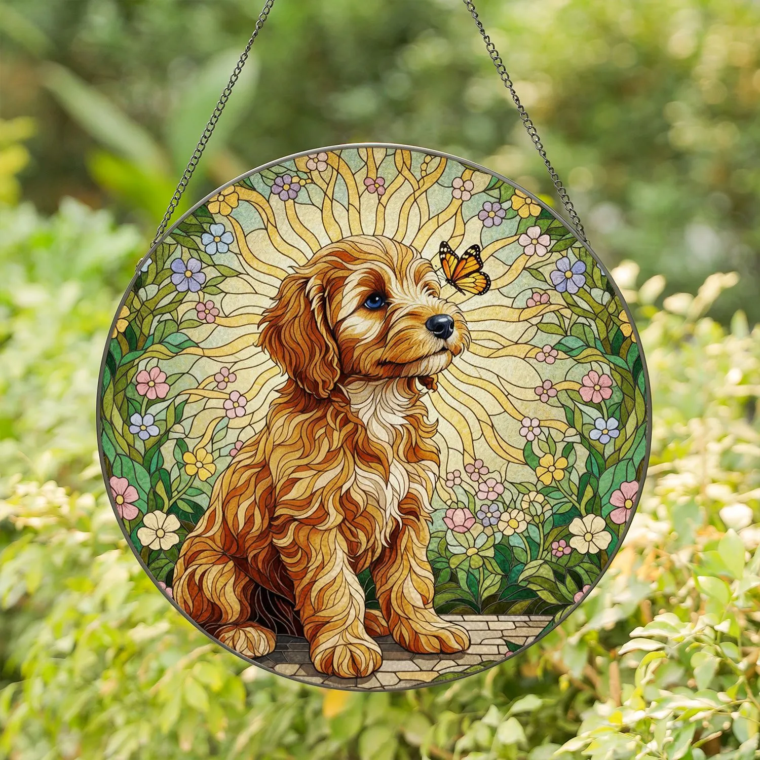 Intricate Goldendoodle Puppy Orange Butterfly Stained Glass Garden Tiffany Mosaic Stained Glass Suncatcher - 1